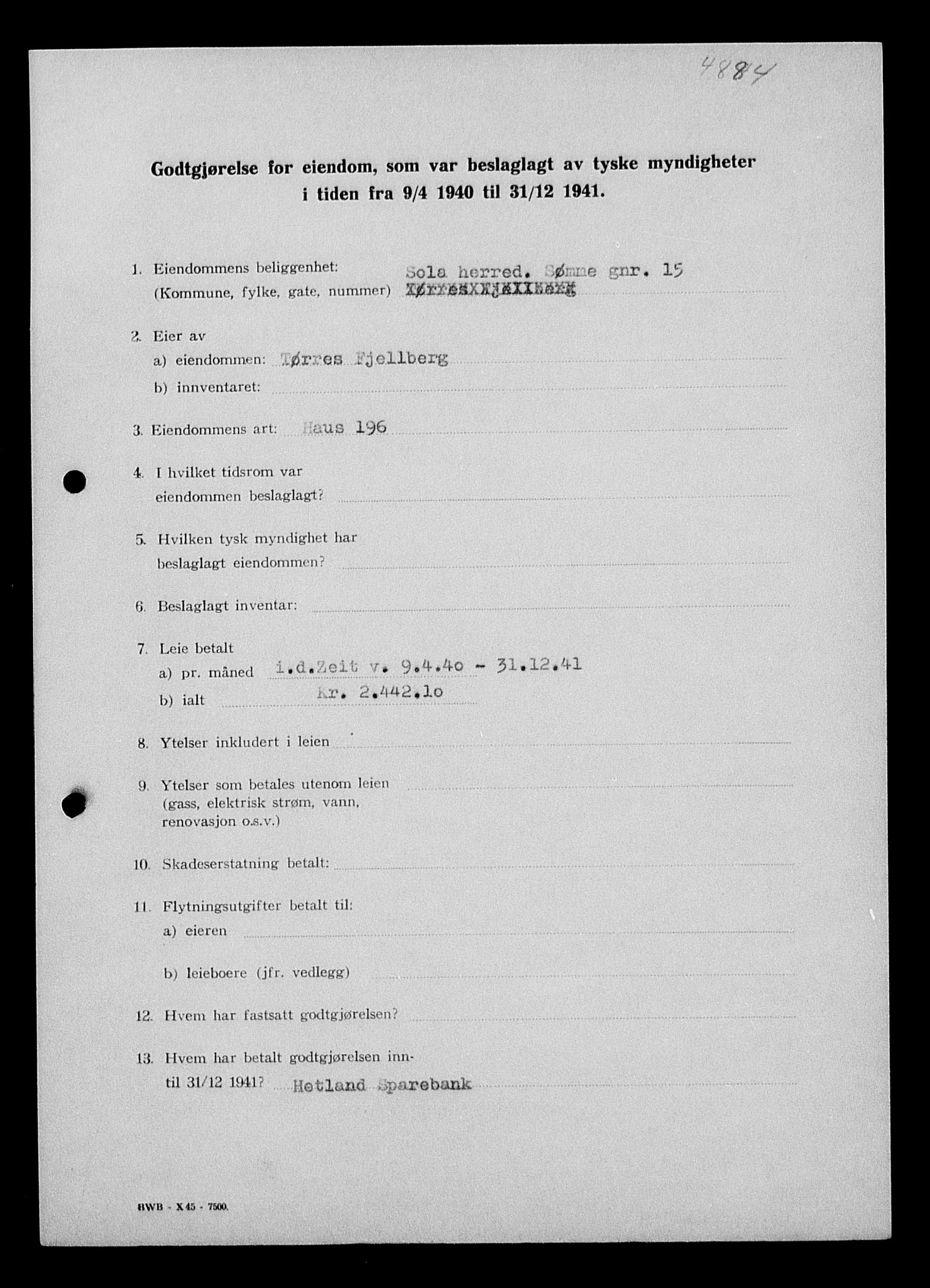 Justisdepartementet, Tilbakeføringskontoret for inndratte formuer, AV/RA-S-1564/I/L1014: Godtgjørelse for beslaglagt eiendom, 1940-1941, s. 251