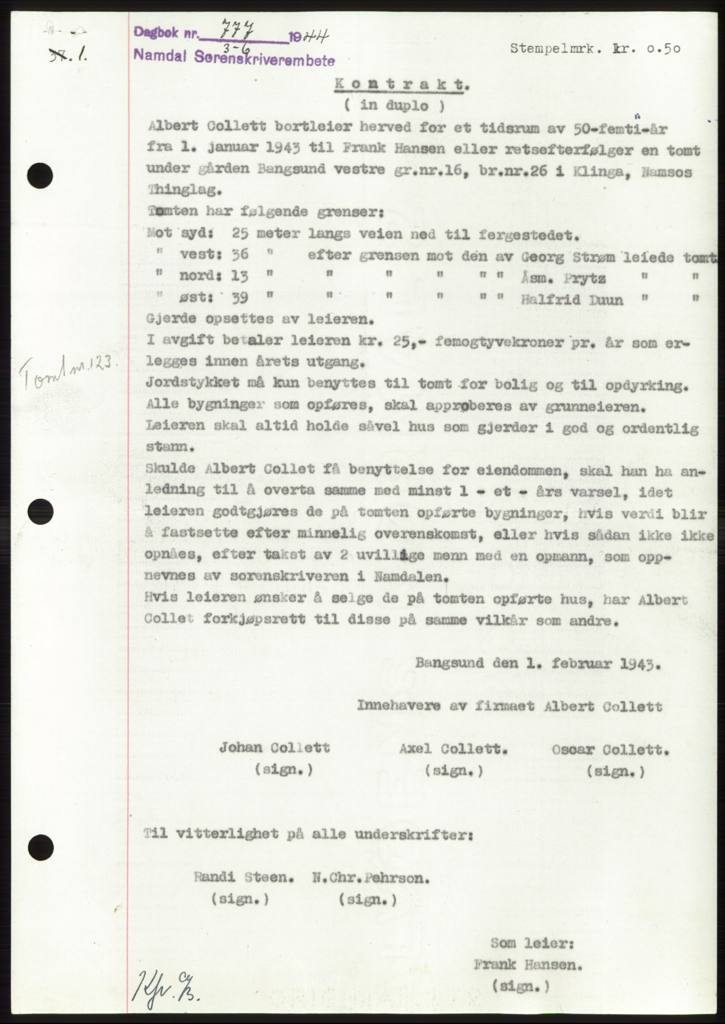 Namdal sorenskriveri, SAT/A-4133/1/2/2C: Pantebok nr. -, 1944-1945, Dagboknr: 777/1944