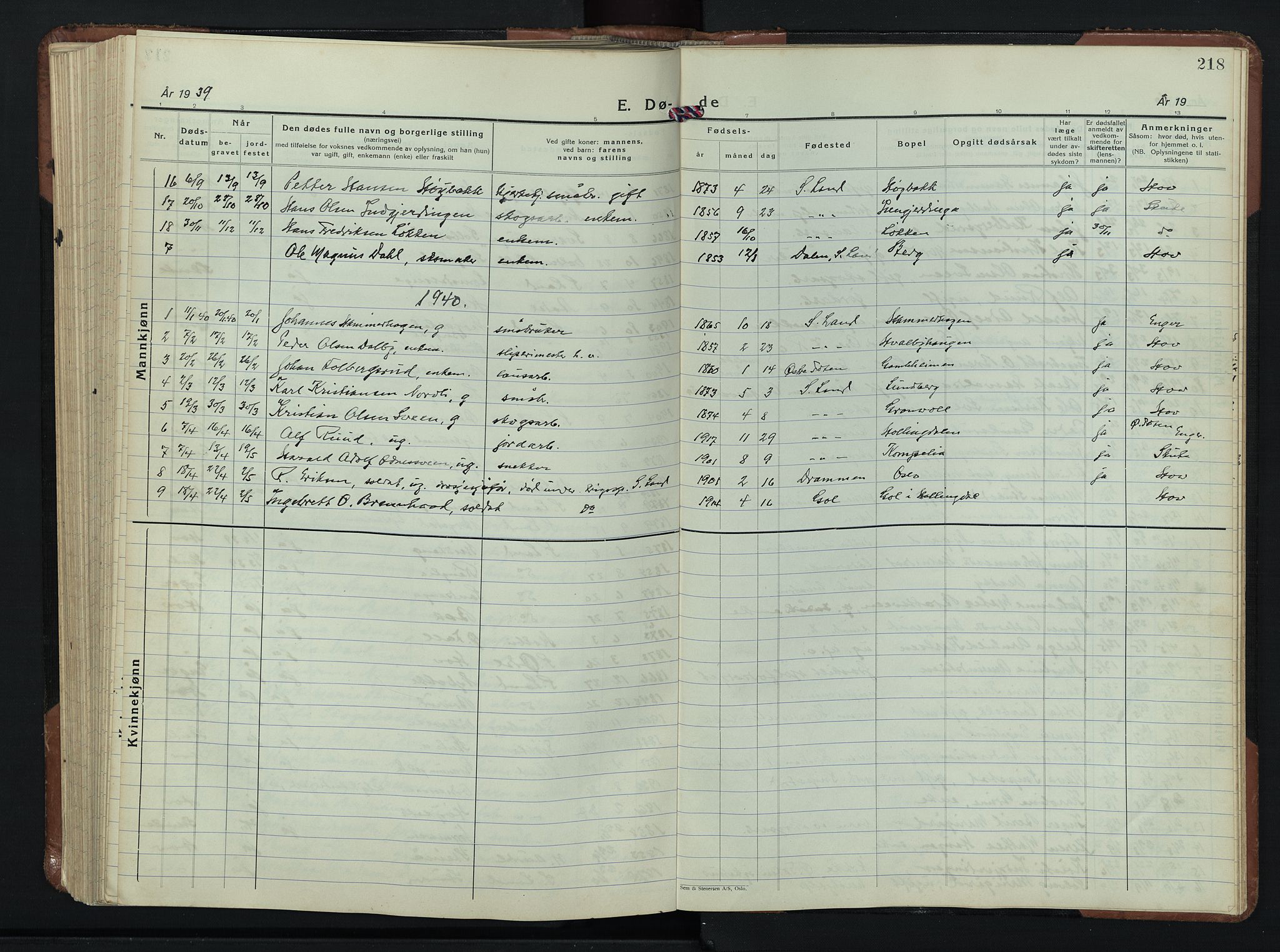 Søndre Land prestekontor, AV/SAH-PREST-122/L/L0009: Klokkerbok nr. 9, 1933-1954, s. 218