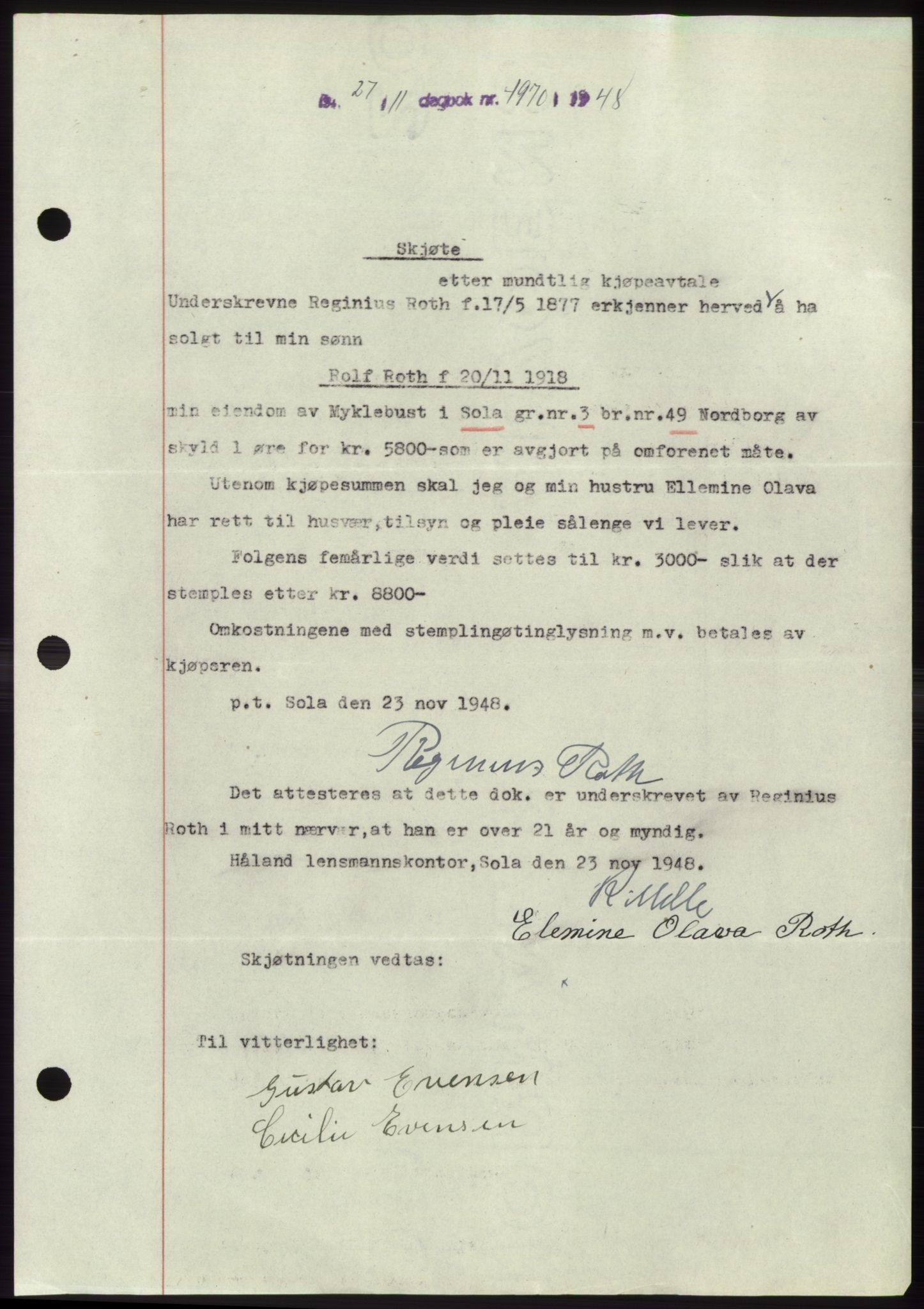 Jæren sorenskriveri, SAST/A-100310/03/G/Gba/L0100: Pantebok, 1948-1948, Dagboknr: 4970/1948