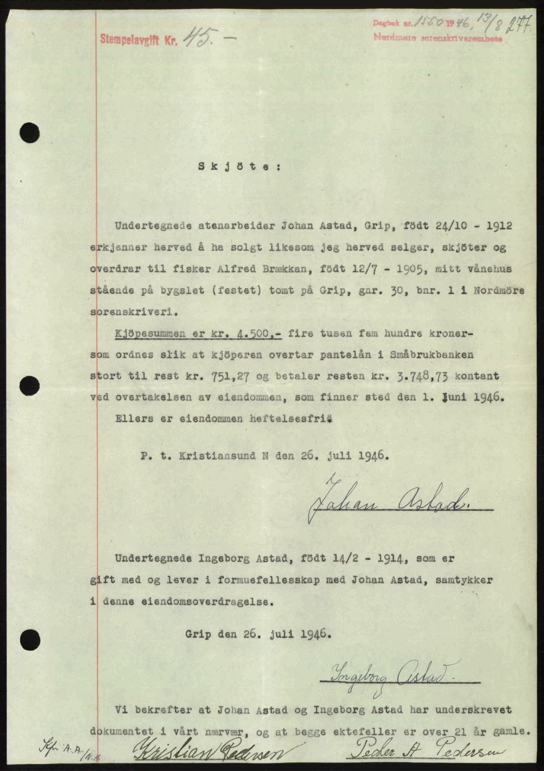 Nordmøre sorenskriveri, SAT/A-4132/1/2/2Ca: Pantebok nr. A102, 1946-1946, Dagboknr: 1550/1946
