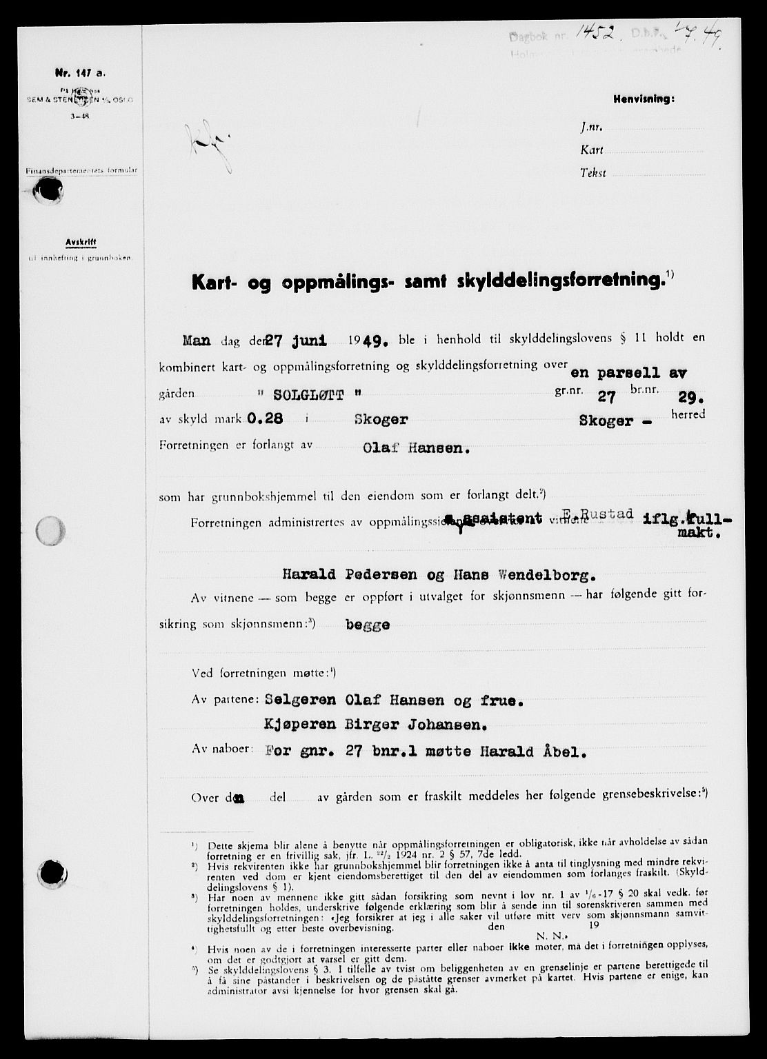 Holmestrand sorenskriveri, SAKO/A-67/G/Ga/Gaa/L0067: Pantebok nr. A-67, 1949-1949, Dagboknr: 1452/1949
