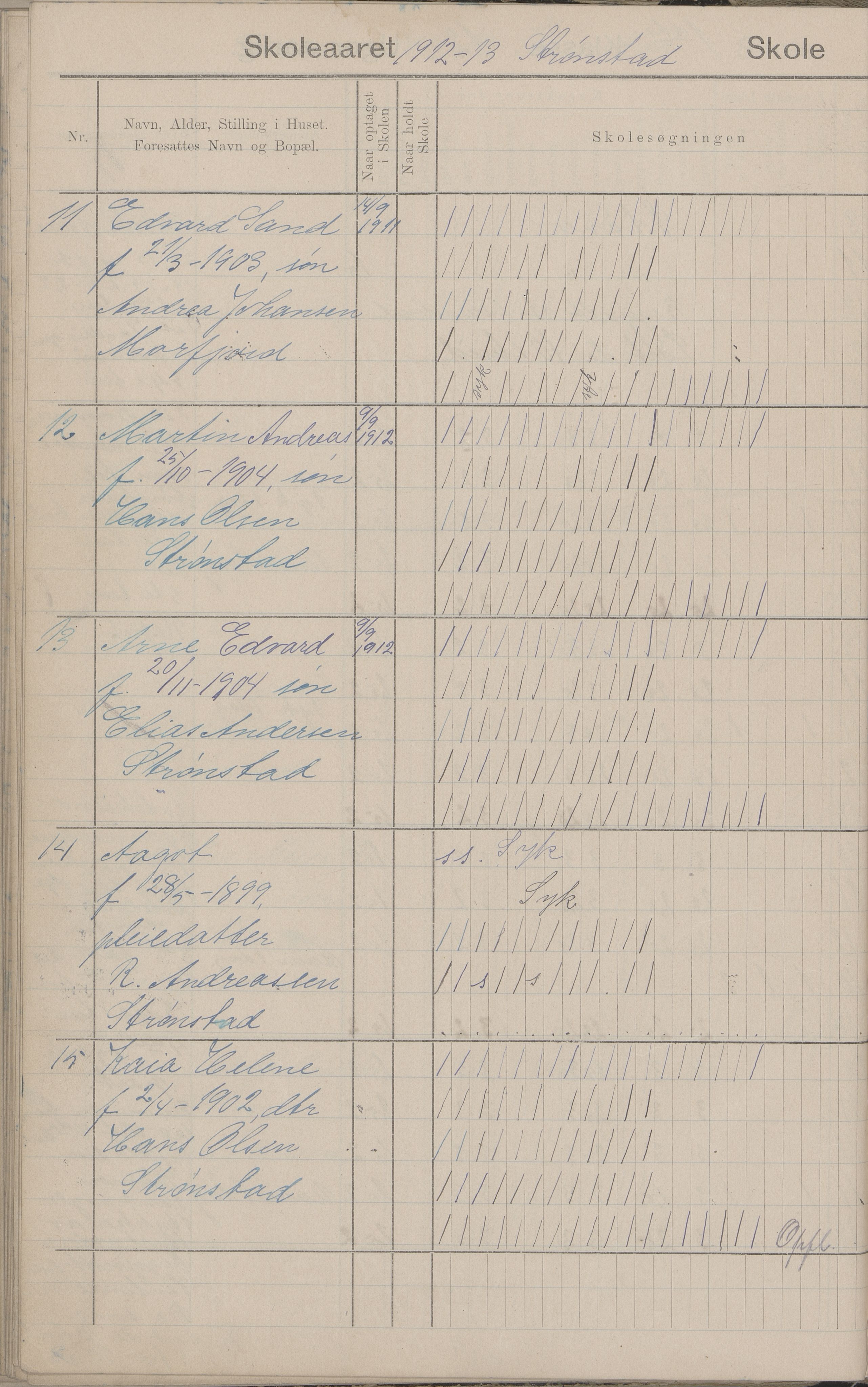 Hadsel kommune. Strønstad skolekrets, AIN/K-18660.510.13/G/L0001: Skoleprotokoll for Strønstad skole - Seloter, 1905-1914