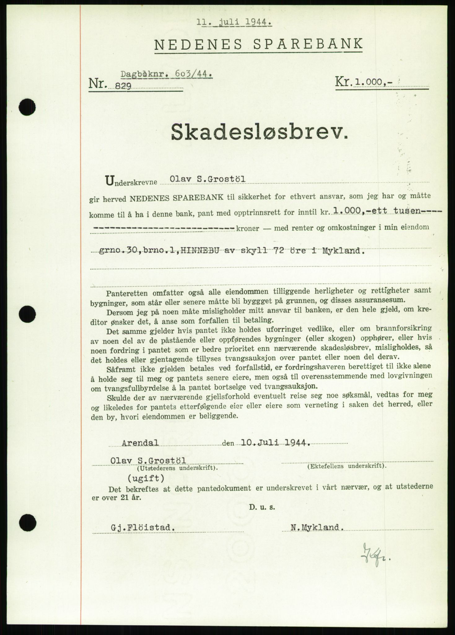 Nedenes sorenskriveri, SAK/1221-0006/G/Gb/Gbb/L0002: Pantebok nr. II, 1942-1945, Dagboknr: 603/1944
