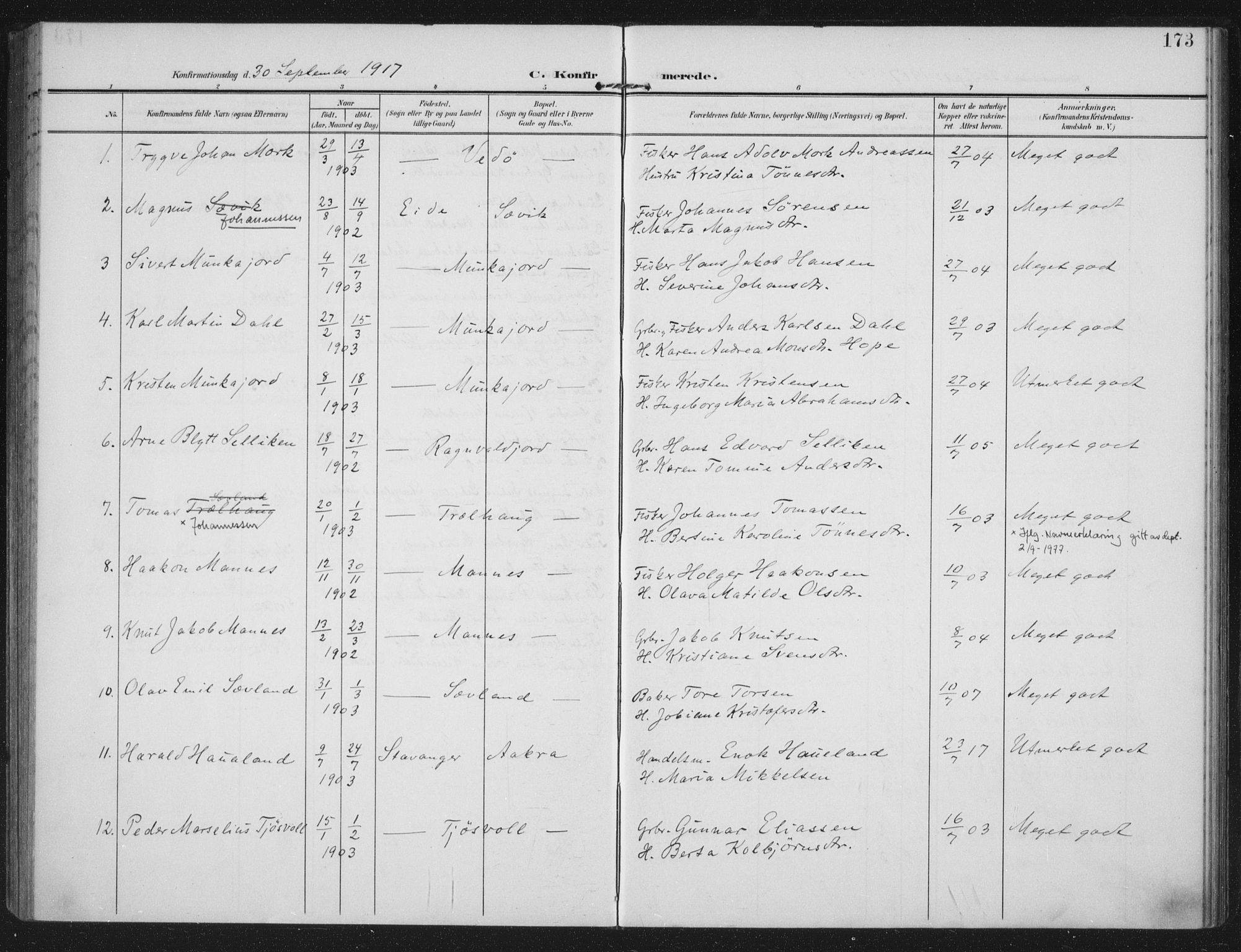 Kopervik sokneprestkontor, SAST/A-101850/H/Ha/Haa/L0005: Ministerialbok nr. A 5, 1906-1924, s. 173