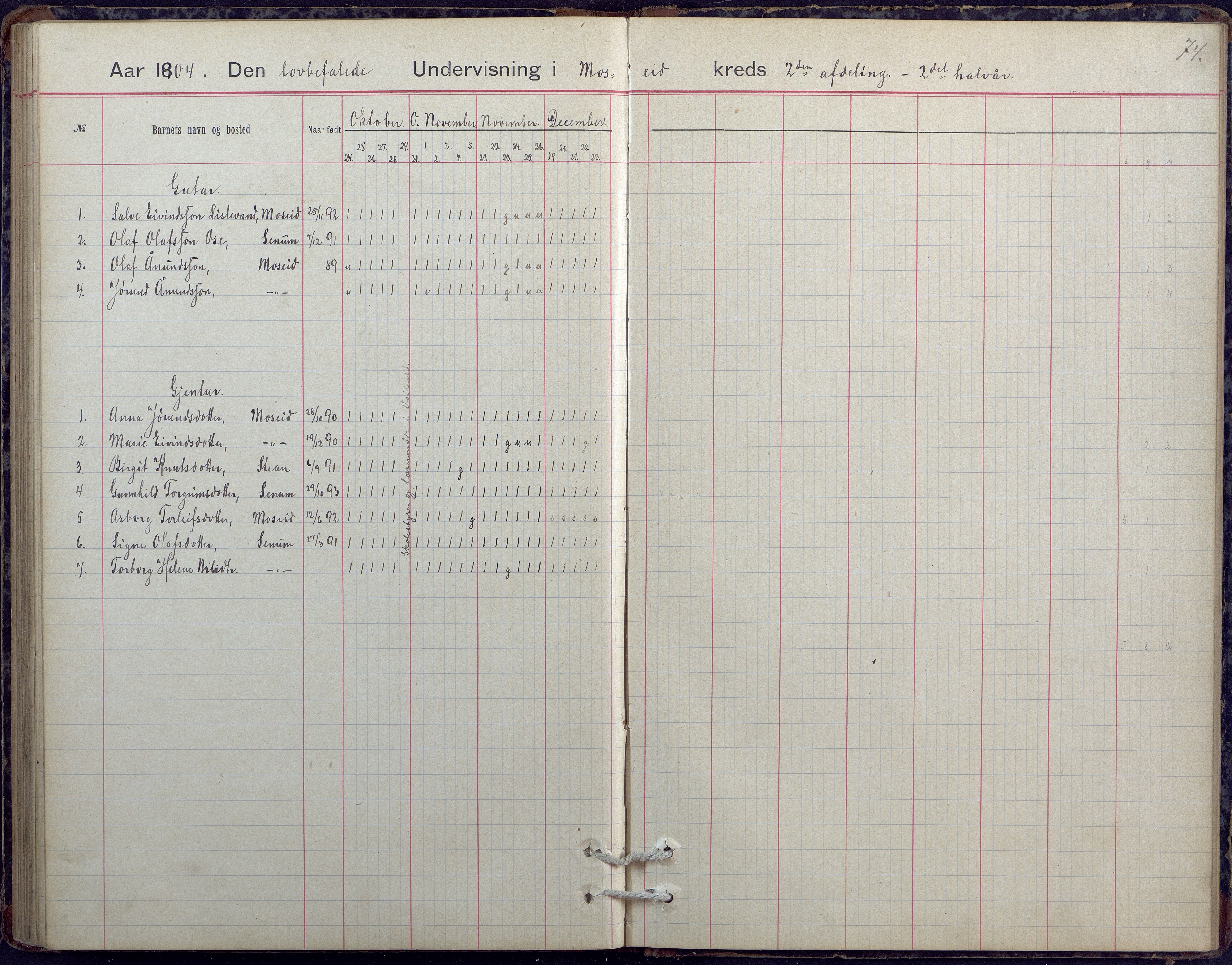 Hornnes kommune, Moi, Moseid, Kjetså skolekretser, AAKS/KA0936-550e/F1/L0005: Dagbok. Moseid, Moi, 1892-1908, s. 74