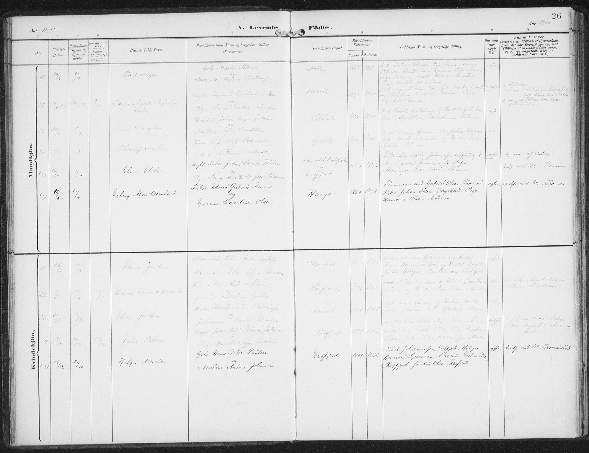Lenvik sokneprestembete, AV/SATØ-S-1310/H/Ha/Haa/L0015kirke: Ministerialbok nr. 15, 1896-1915, s. 26
