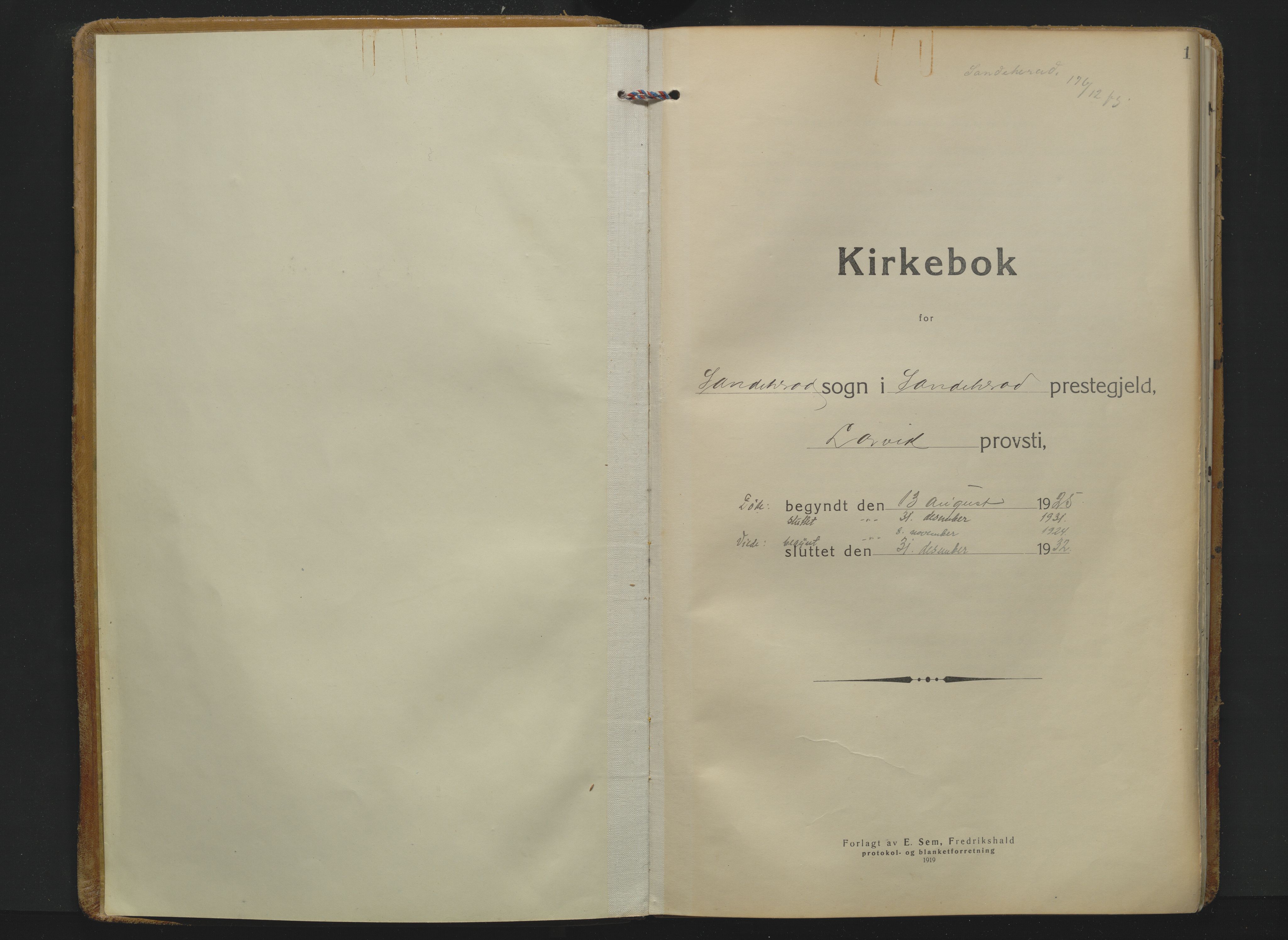 Sandar kirkebøker, SAKO/A-243/F/Fa/L0023: Ministerialbok nr. 23, 1924-1932, s. 1