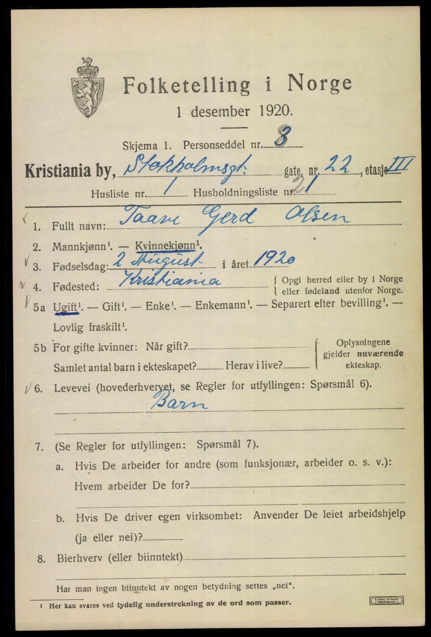 SAO, Folketelling 1920 for 0301 Kristiania kjøpstad, 1920, s. 546729