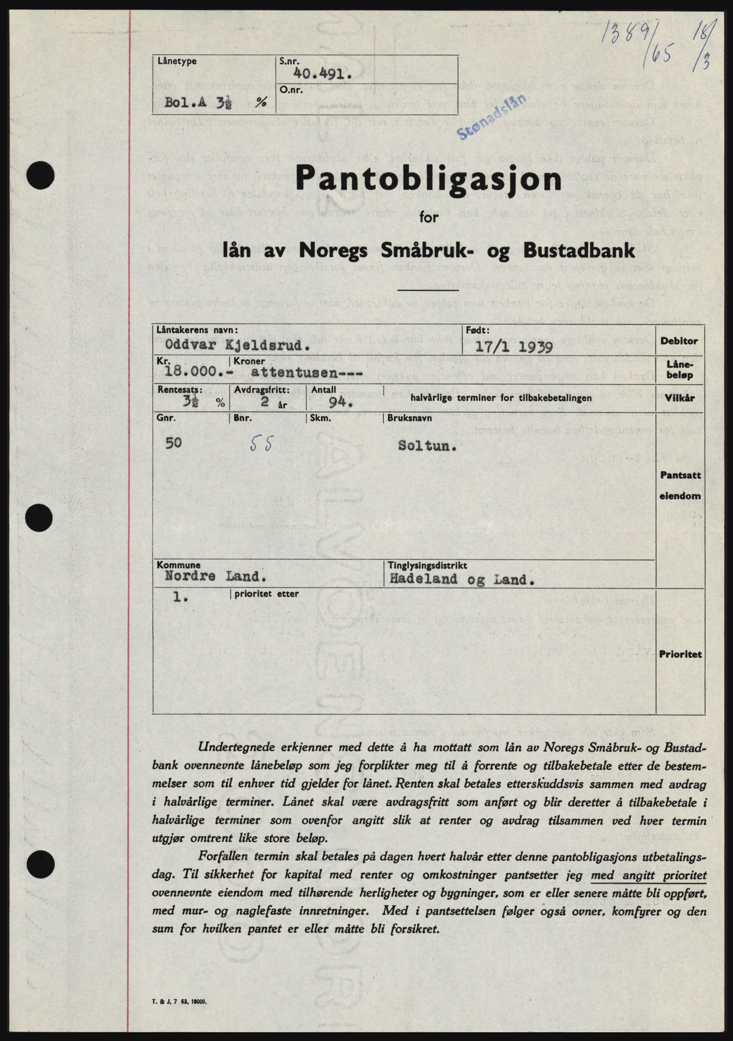 Hadeland og Land tingrett, SAH/TING-010/H/Hb/Hbc/L0058: Pantebok nr. B58, 1965-1965, Dagboknr: 1389/1965