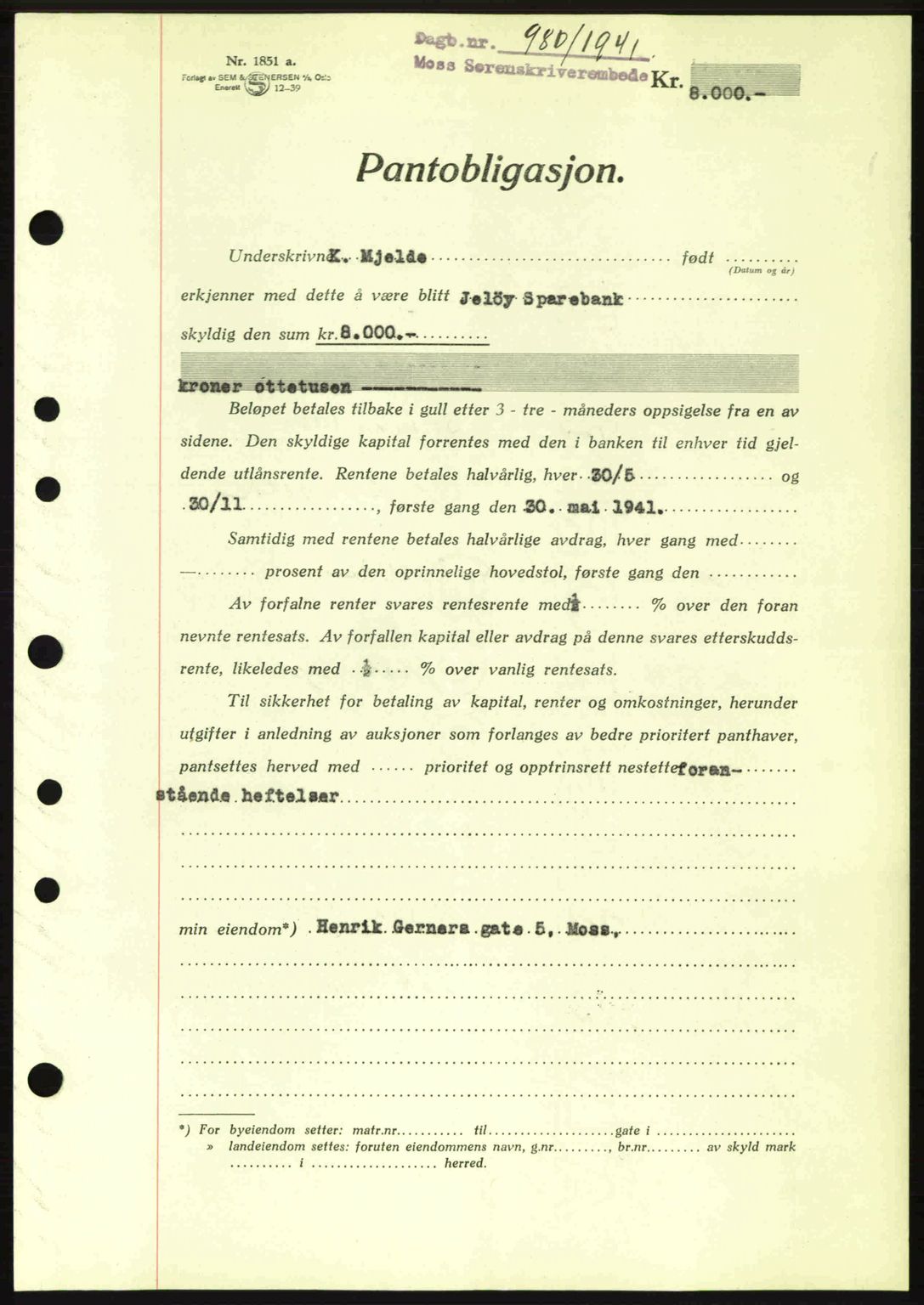 Moss sorenskriveri, AV/SAO-A-10168: Pantebok nr. B10, 1940-1941, Dagboknr: 980/1941