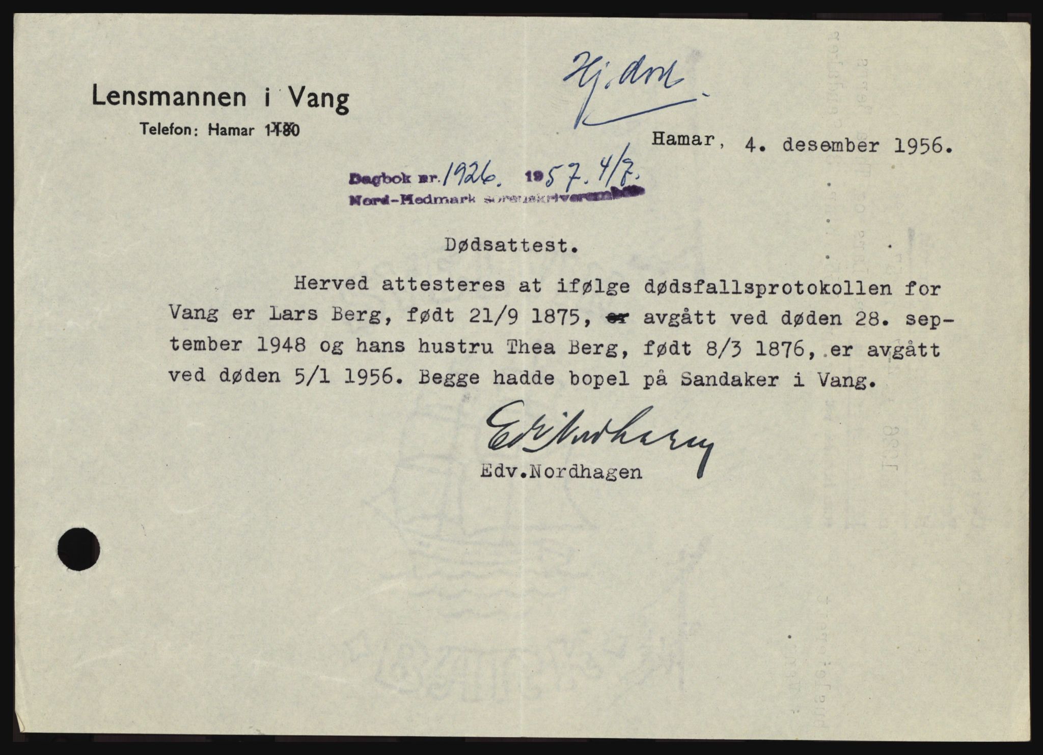 Nord-Hedmark sorenskriveri, SAH/TING-012/H/Hc/L0011: Pantebok nr. 11, 1956-1957, Dagboknr: 1926/1957