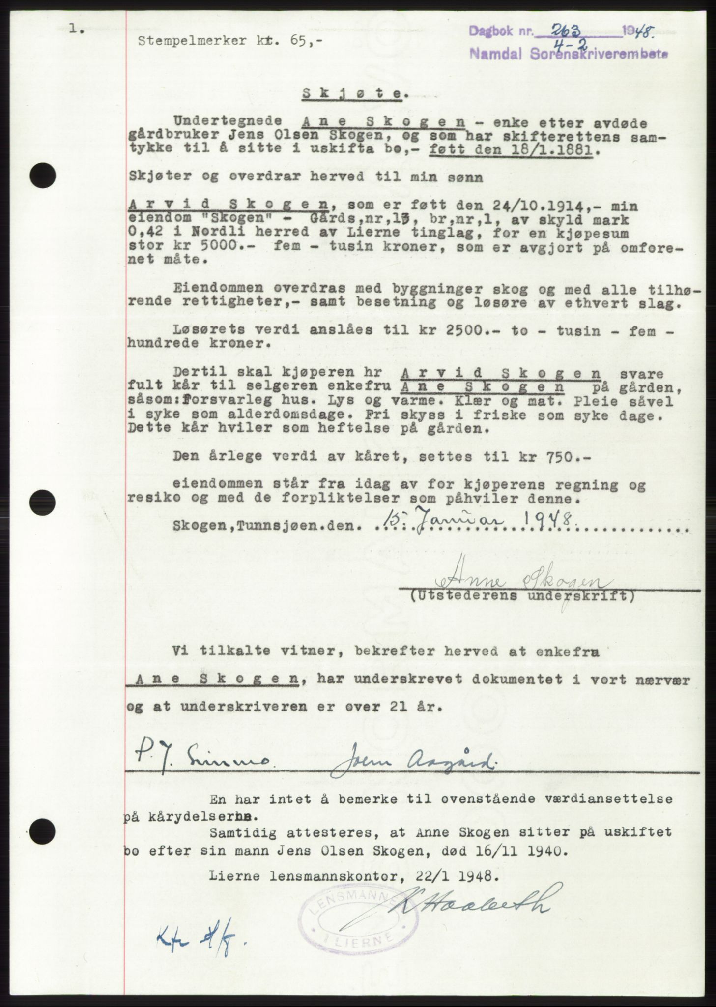 Namdal sorenskriveri, SAT/A-4133/1/2/2C: Pantebok nr. -, 1947-1948, Dagboknr: 263/1948
