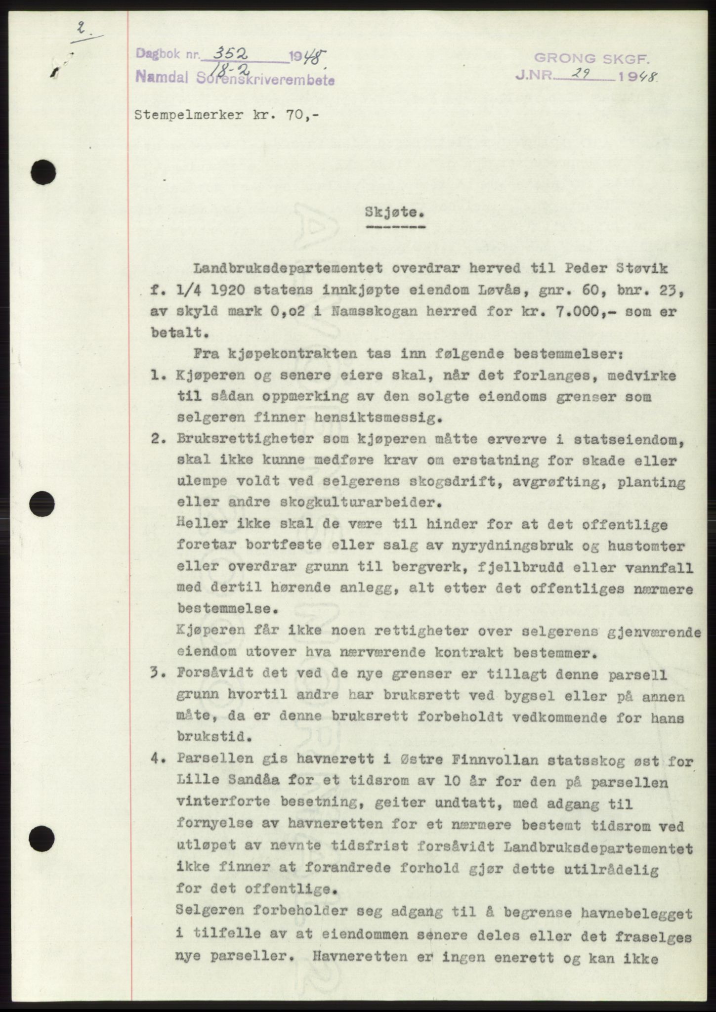 Namdal sorenskriveri, SAT/A-4133/1/2/2C: Pantebok nr. -, 1947-1948, Dagboknr: 352/1948