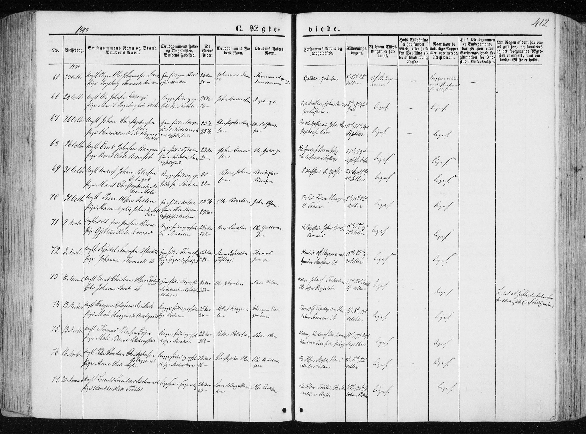 Ministerialprotokoller, klokkerbøker og fødselsregistre - Nord-Trøndelag, AV/SAT-A-1458/709/L0074: Ministerialbok nr. 709A14, 1845-1858, s. 412