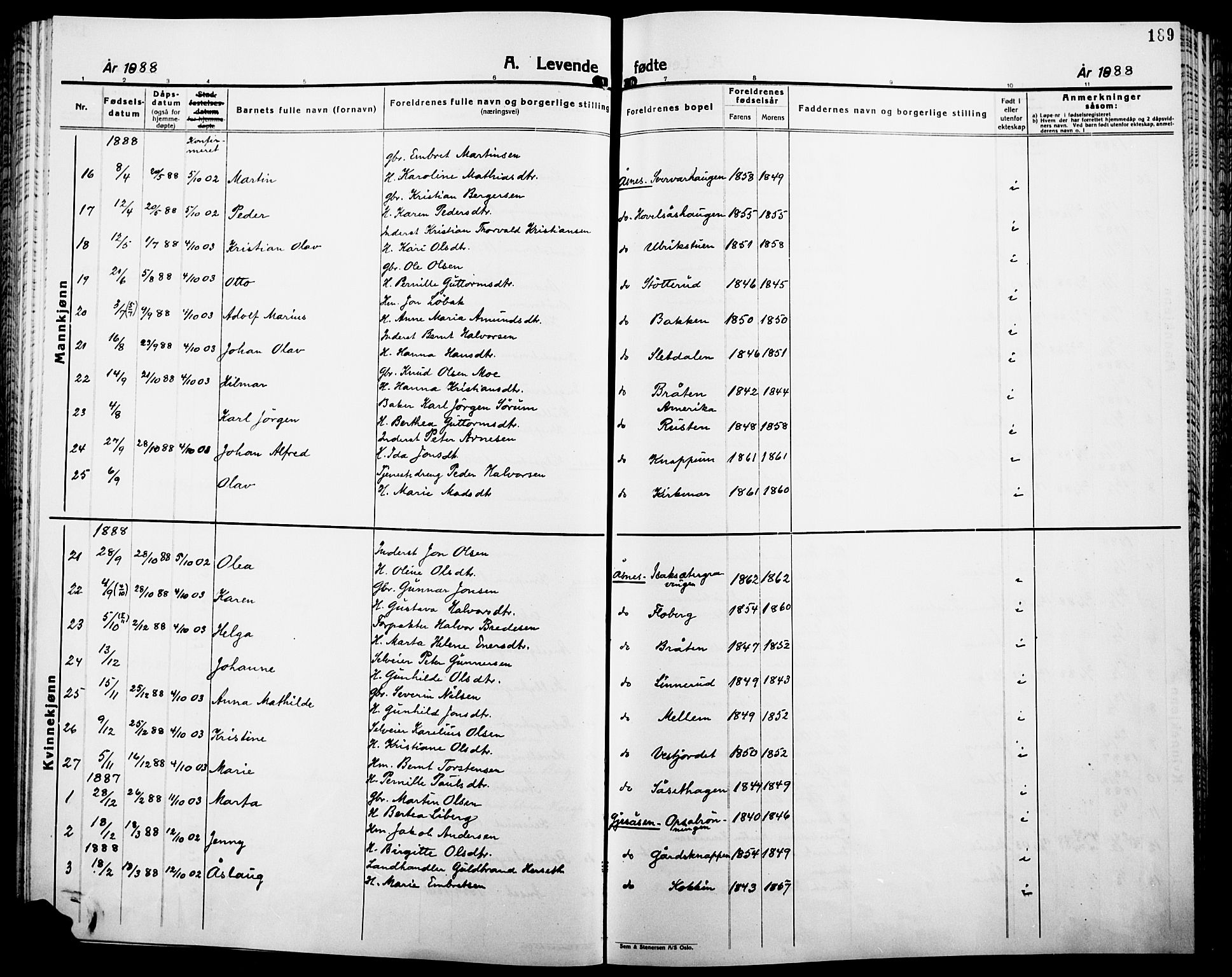 Åsnes prestekontor, SAH/PREST-042/H/Ha/Haa/L0000B: Ministerialbok, 1870-1889, s. 189