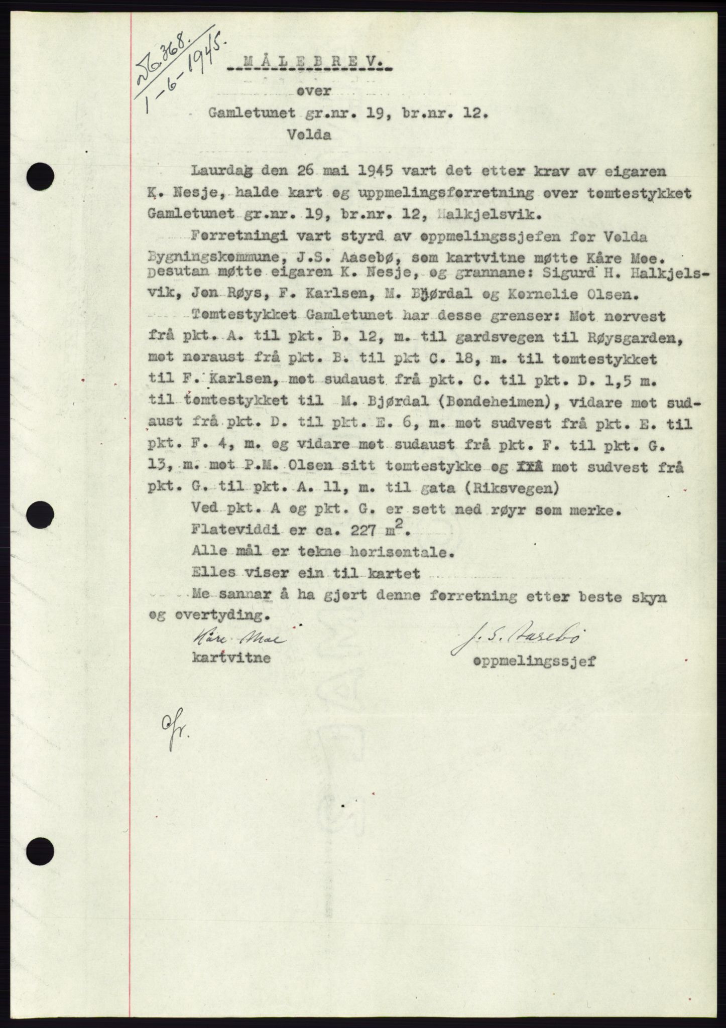Søre Sunnmøre sorenskriveri, SAT/A-4122/1/2/2C/L0077: Pantebok nr. 3A, 1945-1946, Dagboknr: 368/1945