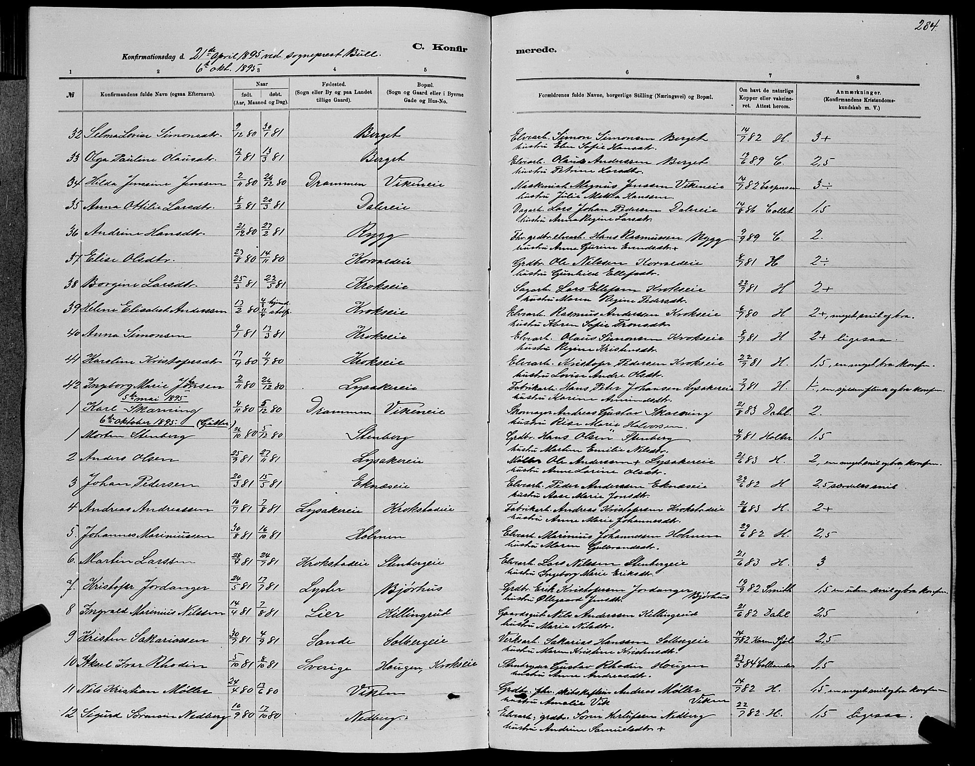 Nedre Eiker kirkebøker, AV/SAKO-A-612/G/Ga/L0002: Klokkerbok nr. 2, 1880-1896, s. 284