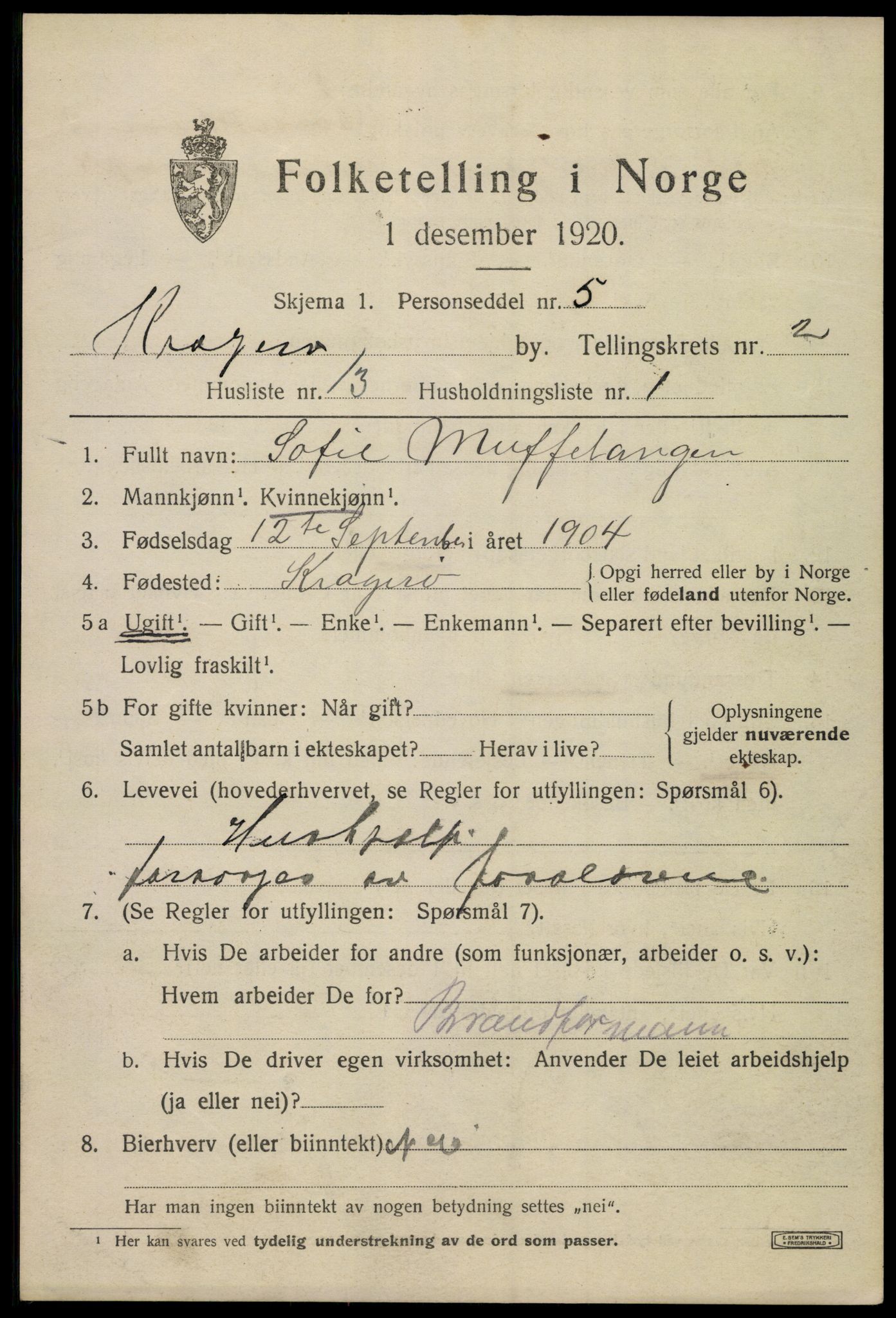 SAKO, Folketelling 1920 for 0801 Kragerø kjøpstad, 1920, s. 5457