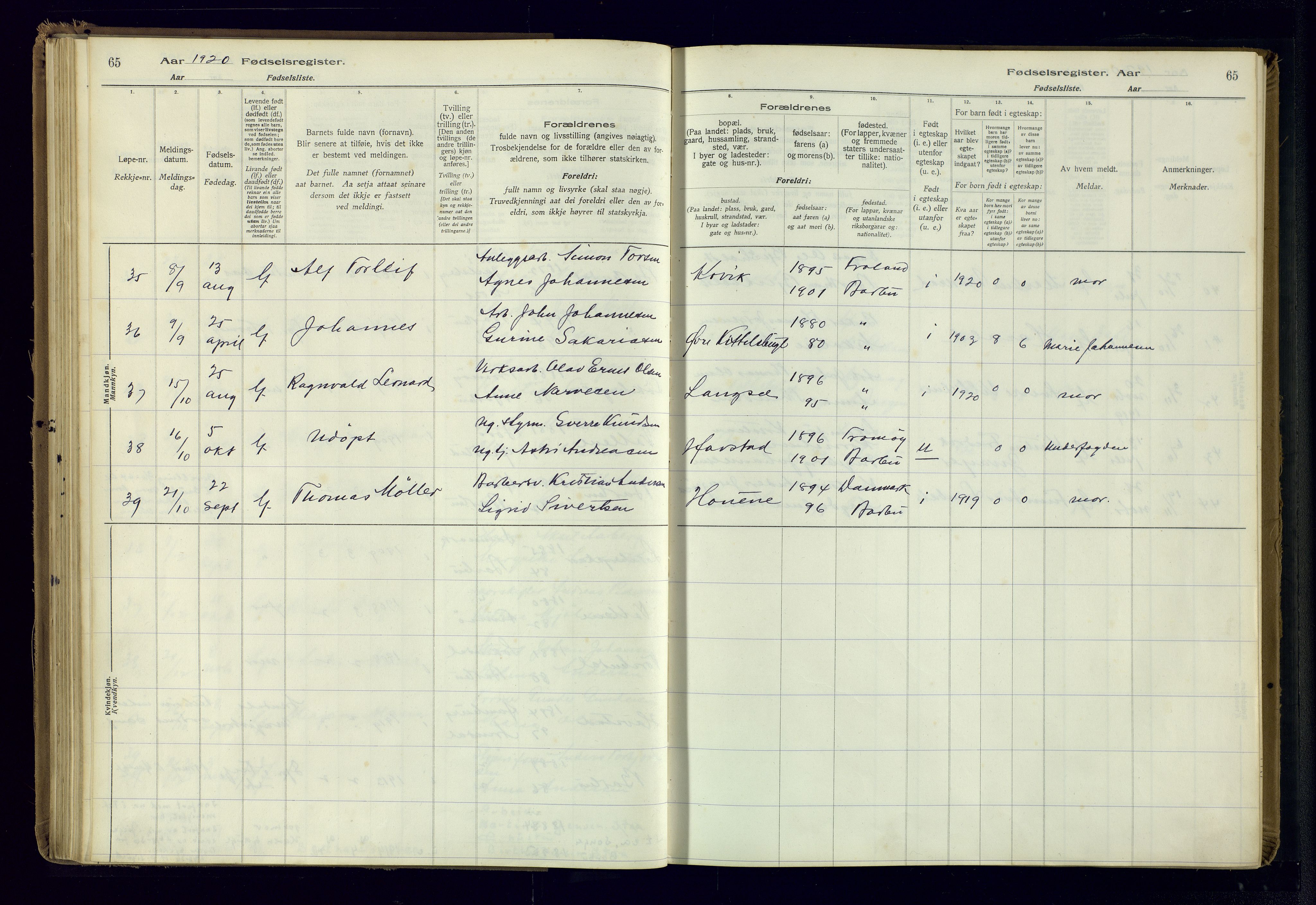 Barbu sokneprestkontor, SAK/1111-0003/J/Ja/L0001: Fødselsregister nr. A-VIII-1, 1916-1937, s. 65