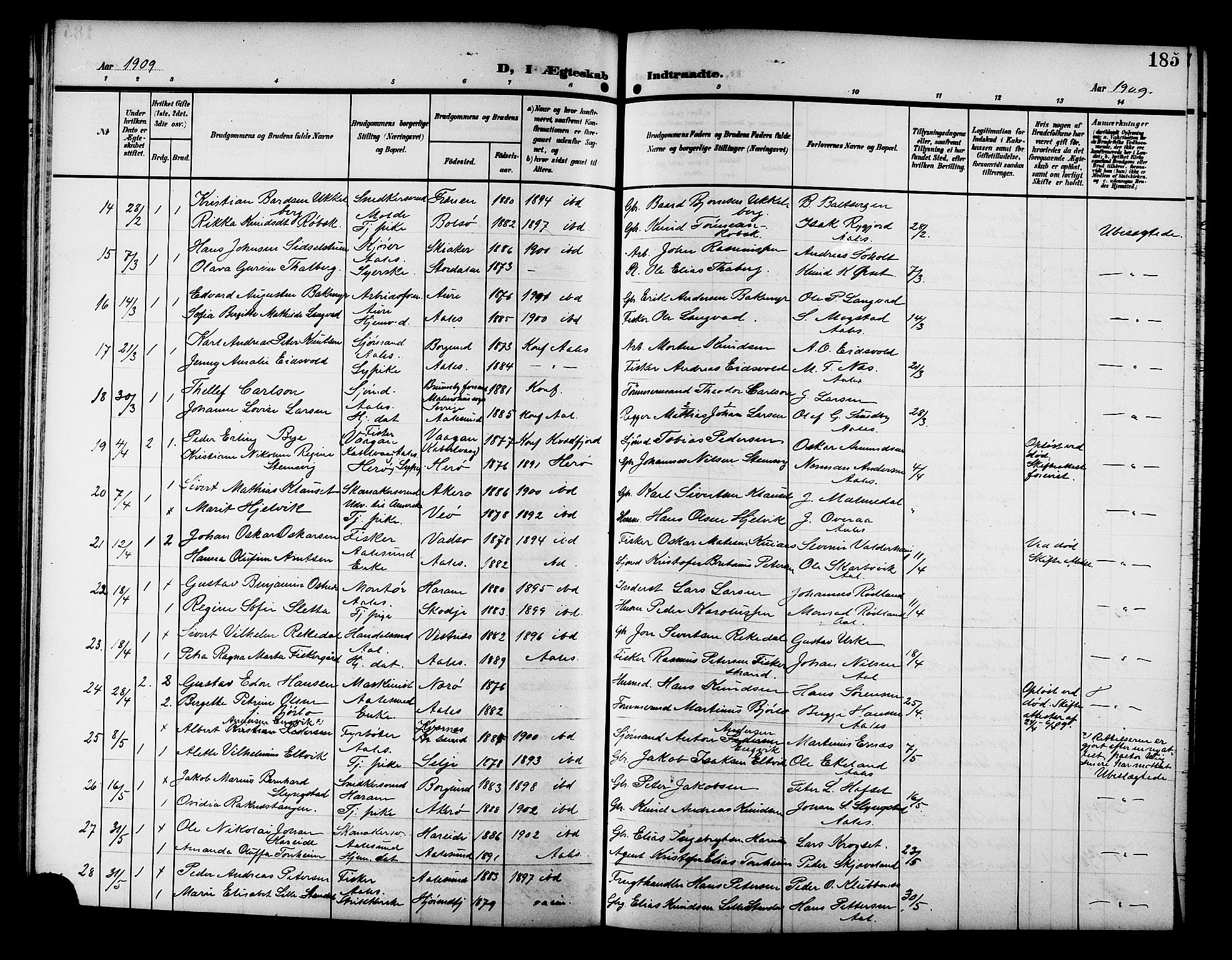 Ministerialprotokoller, klokkerbøker og fødselsregistre - Møre og Romsdal, AV/SAT-A-1454/529/L0470: Klokkerbok nr. 529C07, 1907-1917, s. 185