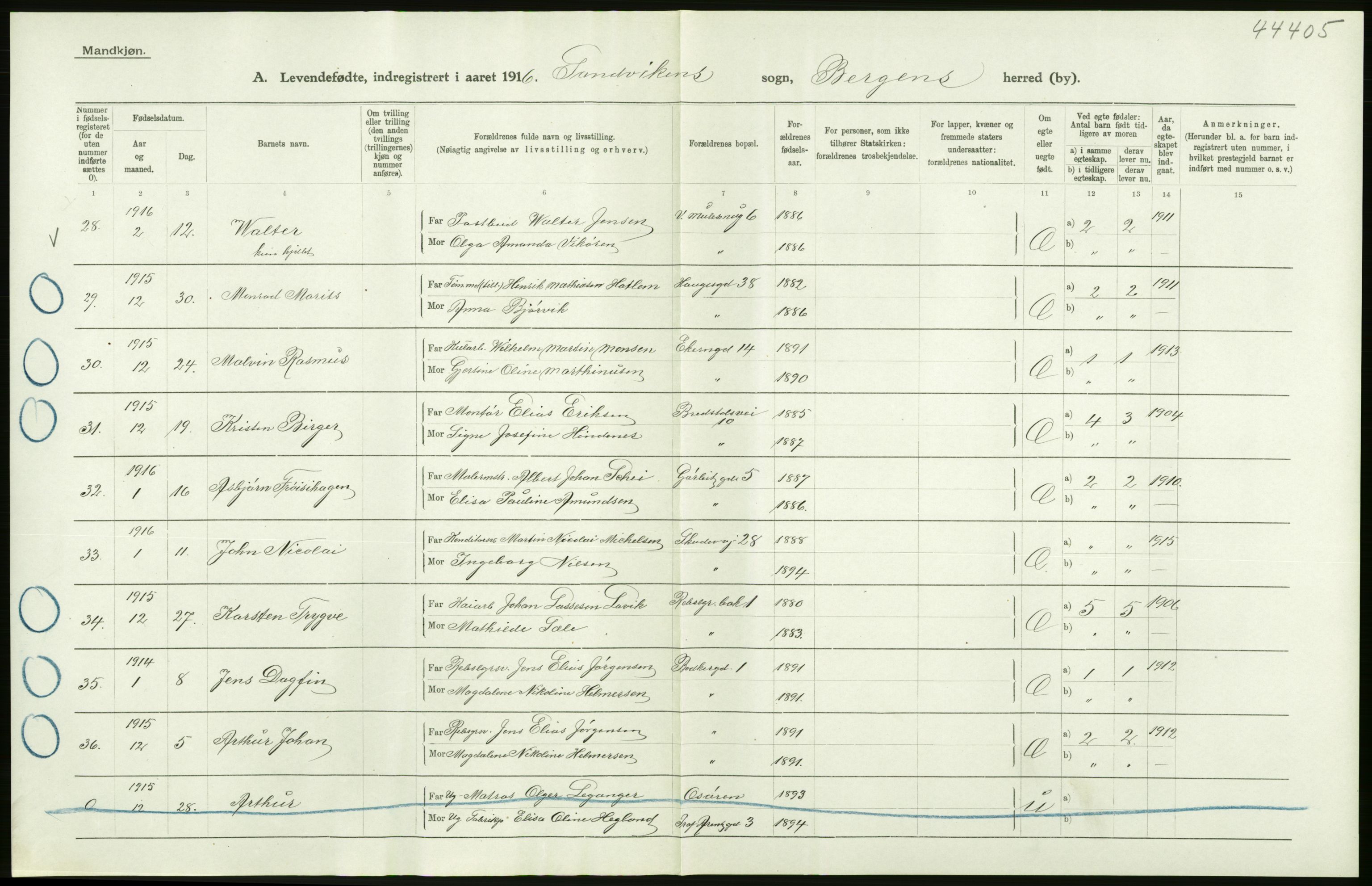 Statistisk sentralbyrå, Sosiodemografiske emner, Befolkning, AV/RA-S-2228/D/Df/Dfb/Dfbf/L0037: Bergen: Levendefødte menn og kvinner., 1916, s. 8