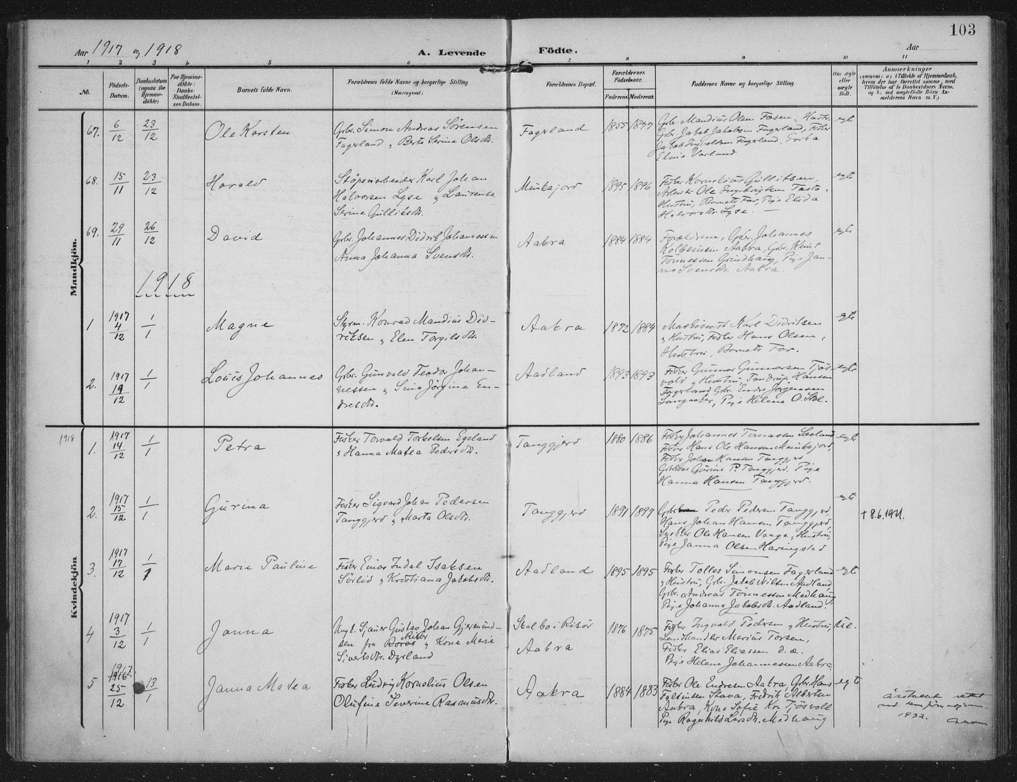 Kopervik sokneprestkontor, SAST/A-101850/H/Ha/Haa/L0005: Ministerialbok nr. A 5, 1906-1924, s. 103