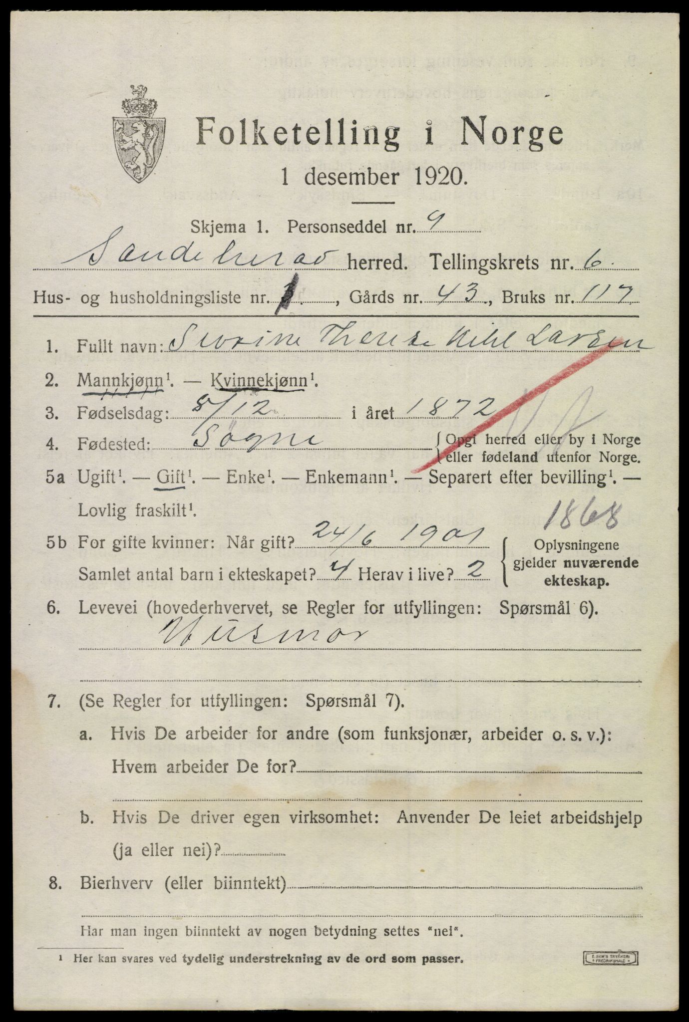 SAKO, Folketelling 1920 for 0724 Sandeherred herred, 1920, s. 9574