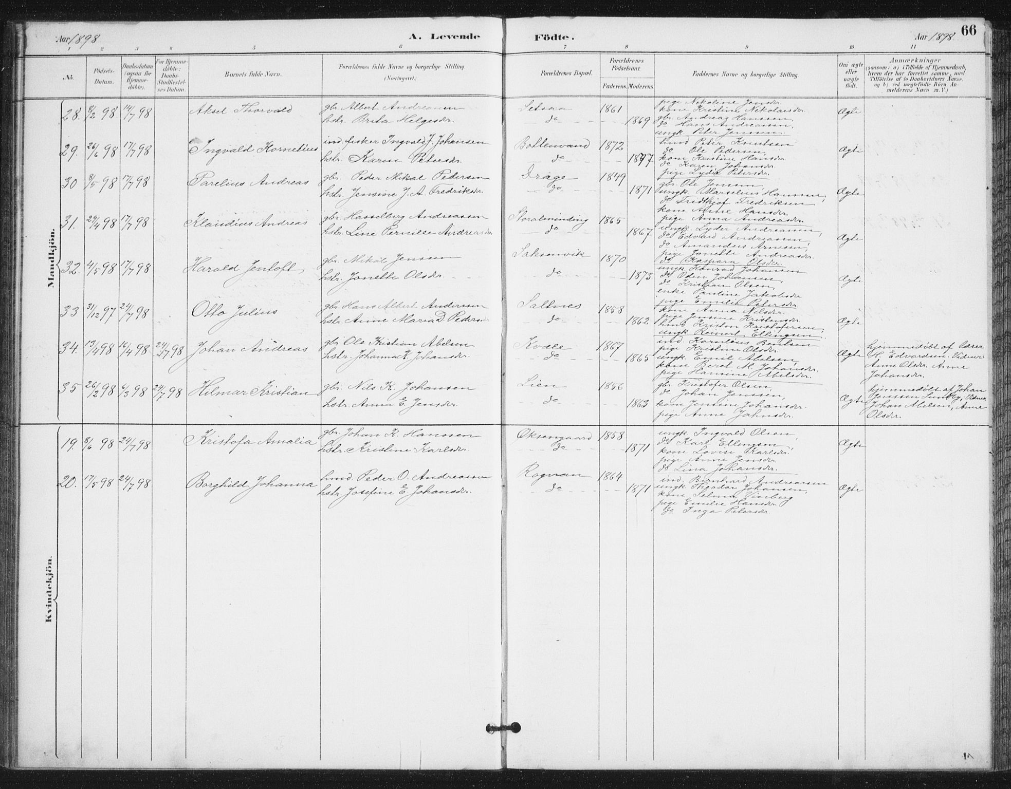 Ministerialprotokoller, klokkerbøker og fødselsregistre - Nordland, AV/SAT-A-1459/847/L0682: Klokkerbok nr. 847C10, 1889-1907, s. 66