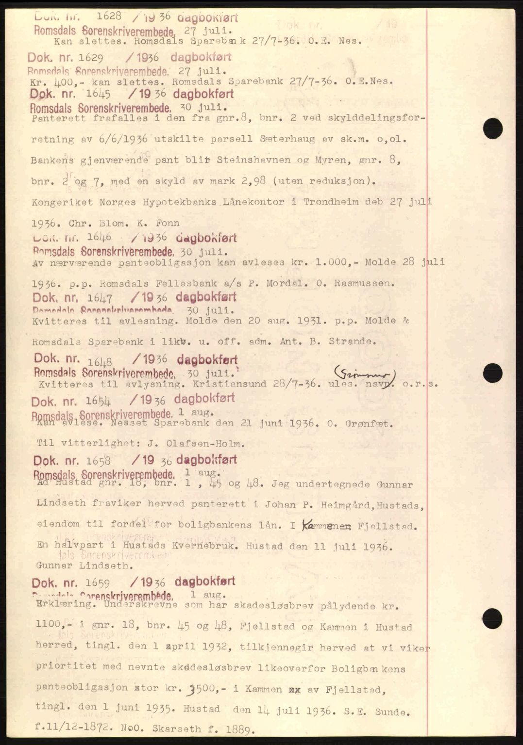 Romsdal sorenskriveri, AV/SAT-A-4149/1/2/2C: Pantebok nr. C1a, 1936-1945, Dagboknr: 1628/1936