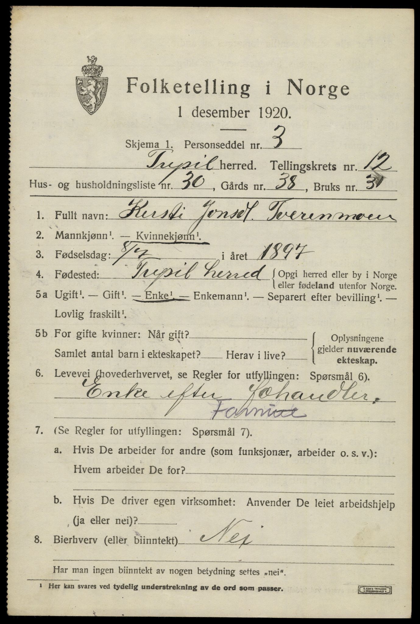 SAH, Folketelling 1920 for 0428 Trysil herred, 1920, s. 7543