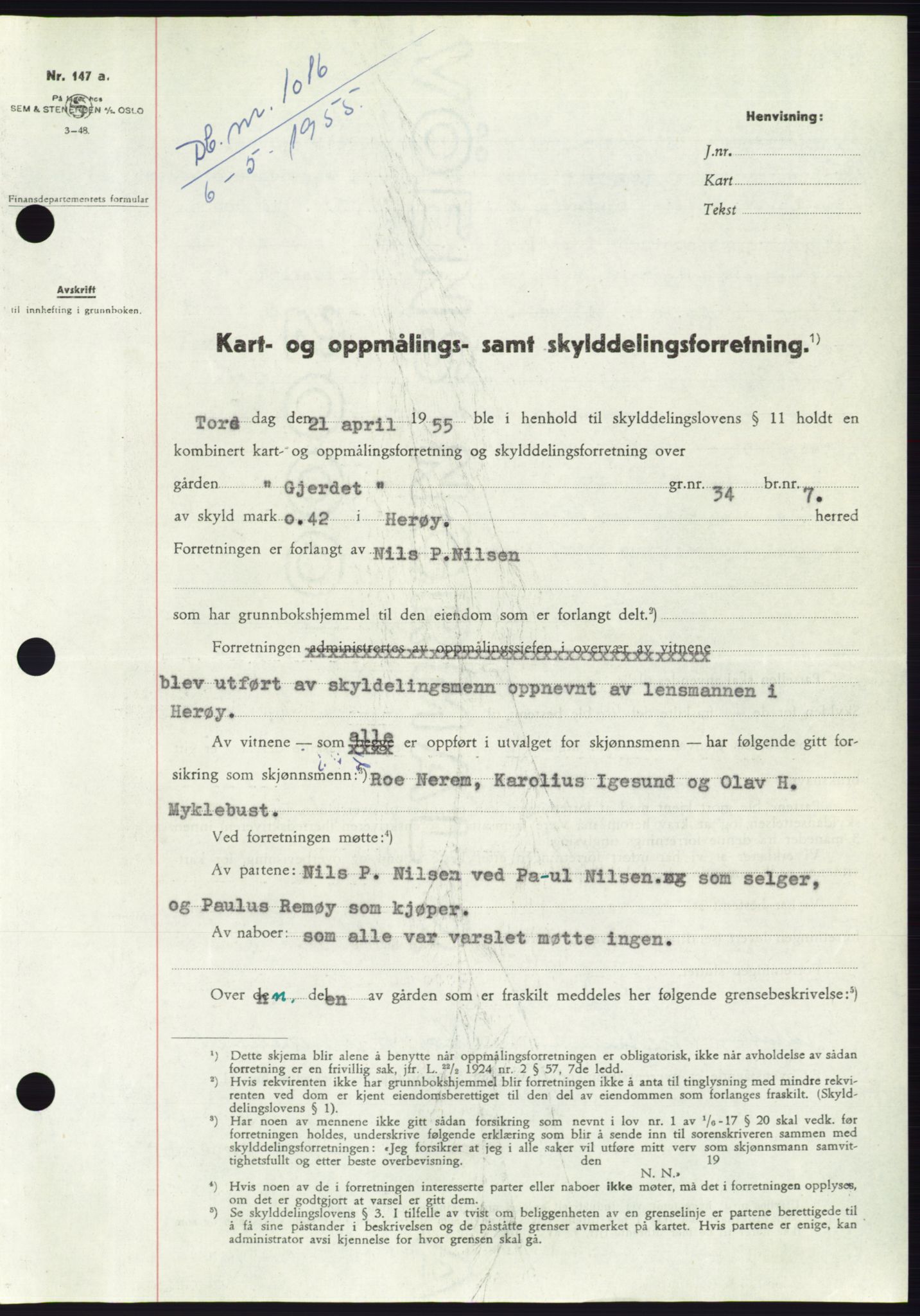 Søre Sunnmøre sorenskriveri, SAT/A-4122/1/2/2C/L0100: Pantebok nr. 26A, 1954-1955, Dagboknr: 1016/1955