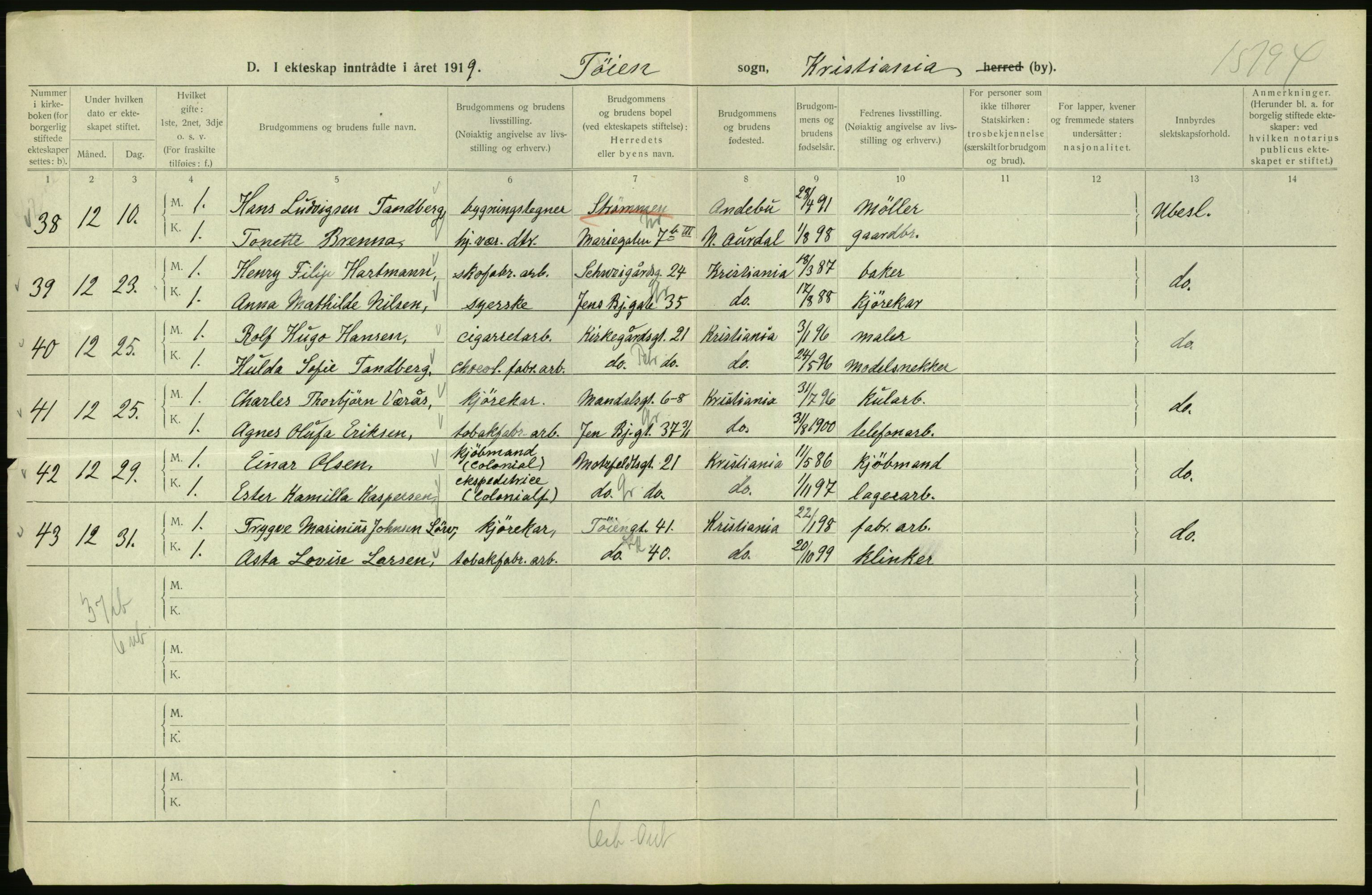 Statistisk sentralbyrå, Sosiodemografiske emner, Befolkning, RA/S-2228/D/Df/Dfb/Dfbi/L0009: Kristiania: Gifte, 1919, s. 748