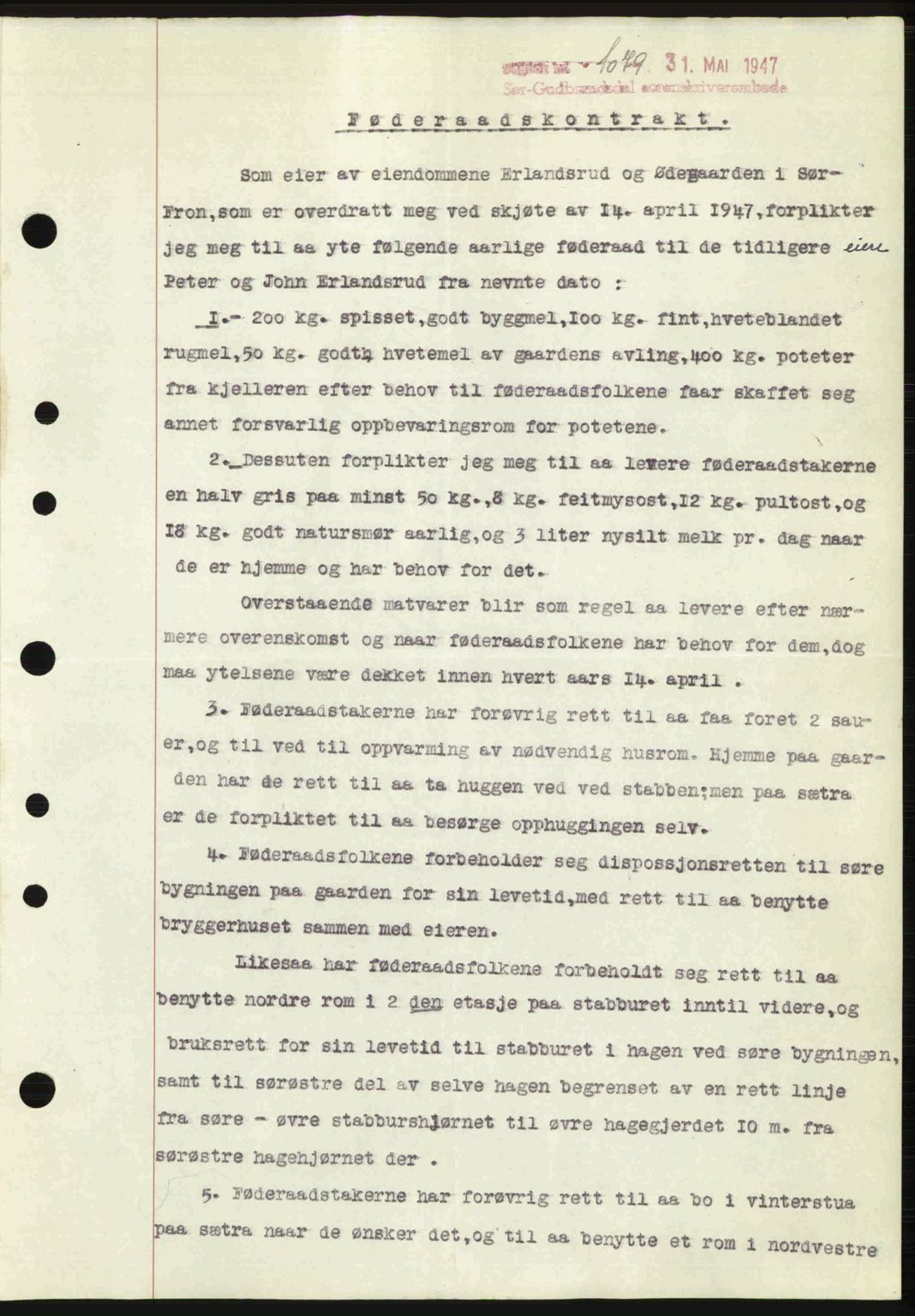 Sør-Gudbrandsdal tingrett, SAH/TING-004/H/Hb/Hbe/L0003: Pantebok nr. B3, 1943-1948, Dagboknr: 1079/1947