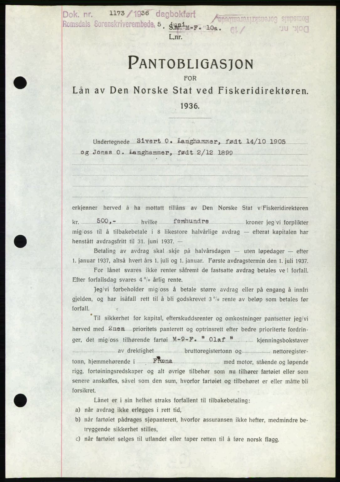 Romsdal sorenskriveri, SAT/A-4149/1/2/2C: Pantebok nr. B1, 1936-1939, Dagboknr: 1173/1936