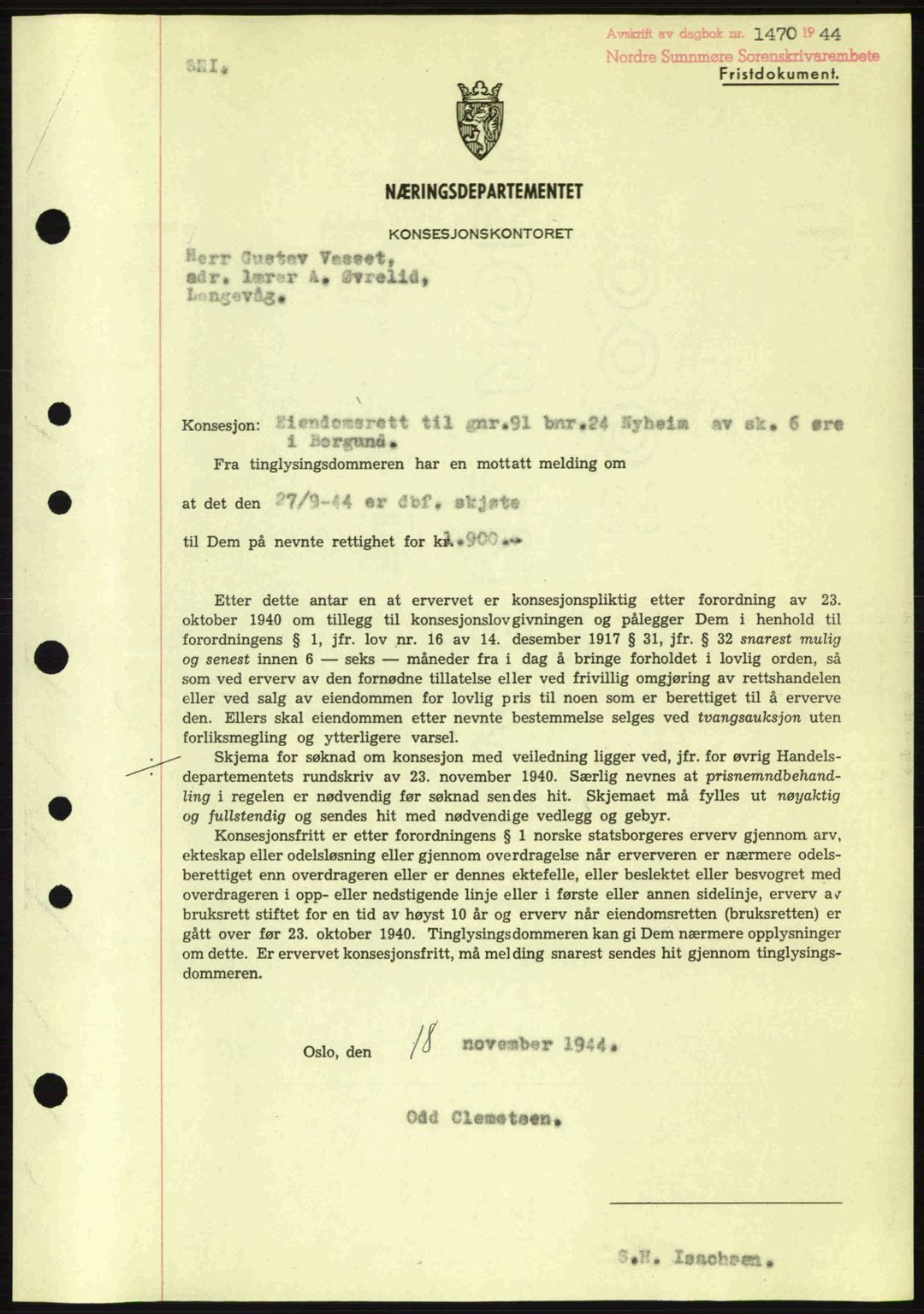 Nordre Sunnmøre sorenskriveri, AV/SAT-A-0006/1/2/2C/2Ca: Pantebok nr. B6-14 a, 1942-1945, Dagboknr: 1470/1944