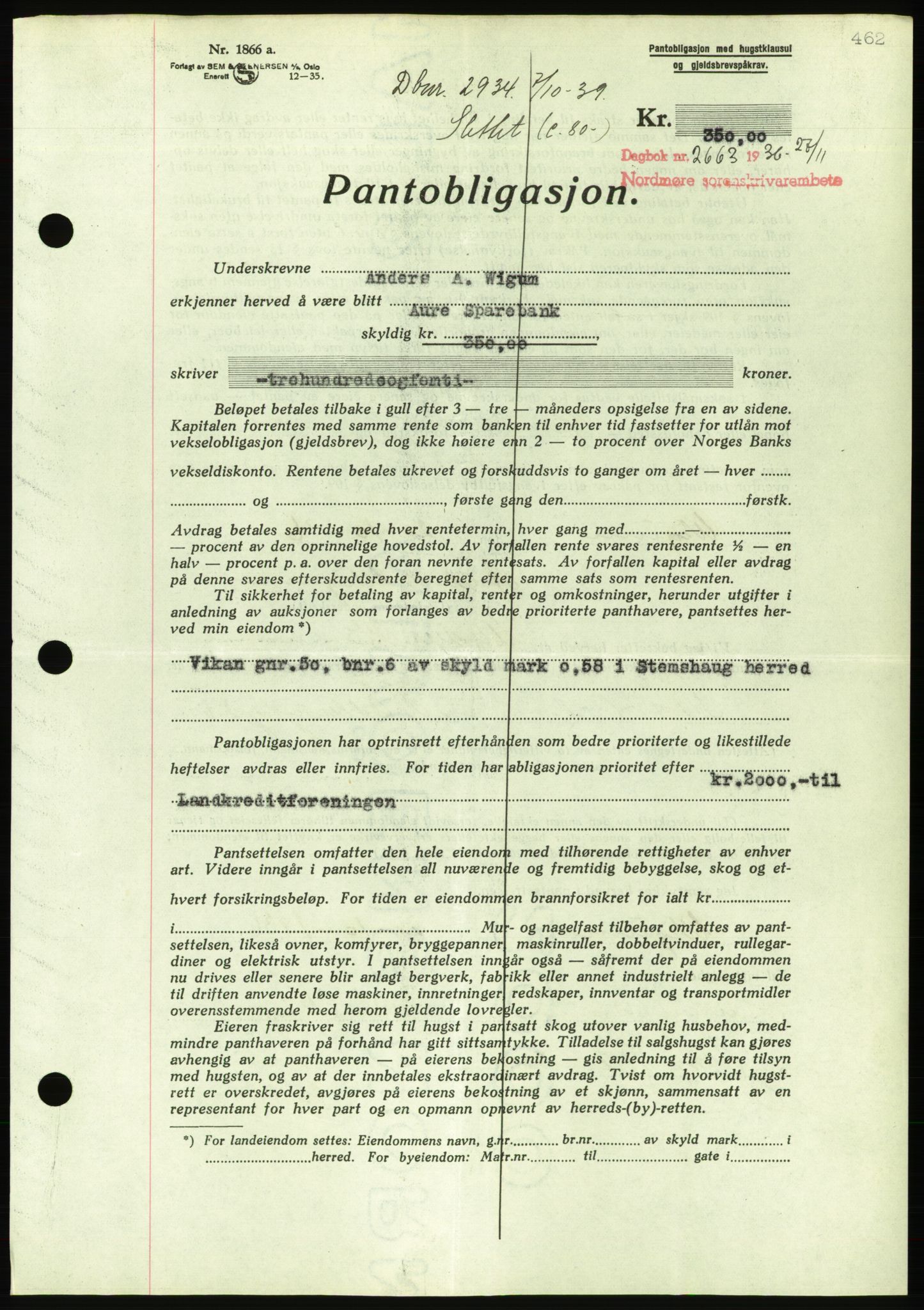 Nordmøre sorenskriveri, AV/SAT-A-4132/1/2/2Ca/L0090: Pantebok nr. B80, 1936-1937, Dagboknr: 2663/1936