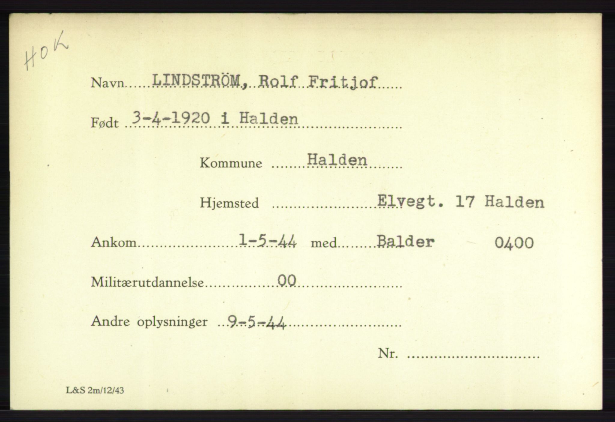 Forsvarets Overkommando. 2. kontor. Arkiv 8.1. Mottakersentralen FDE og FO.II, AV/RA-RAFA-6952/P/Pa/L0013: Lindstrøm - Midtgård , 1940-1945, s. 3