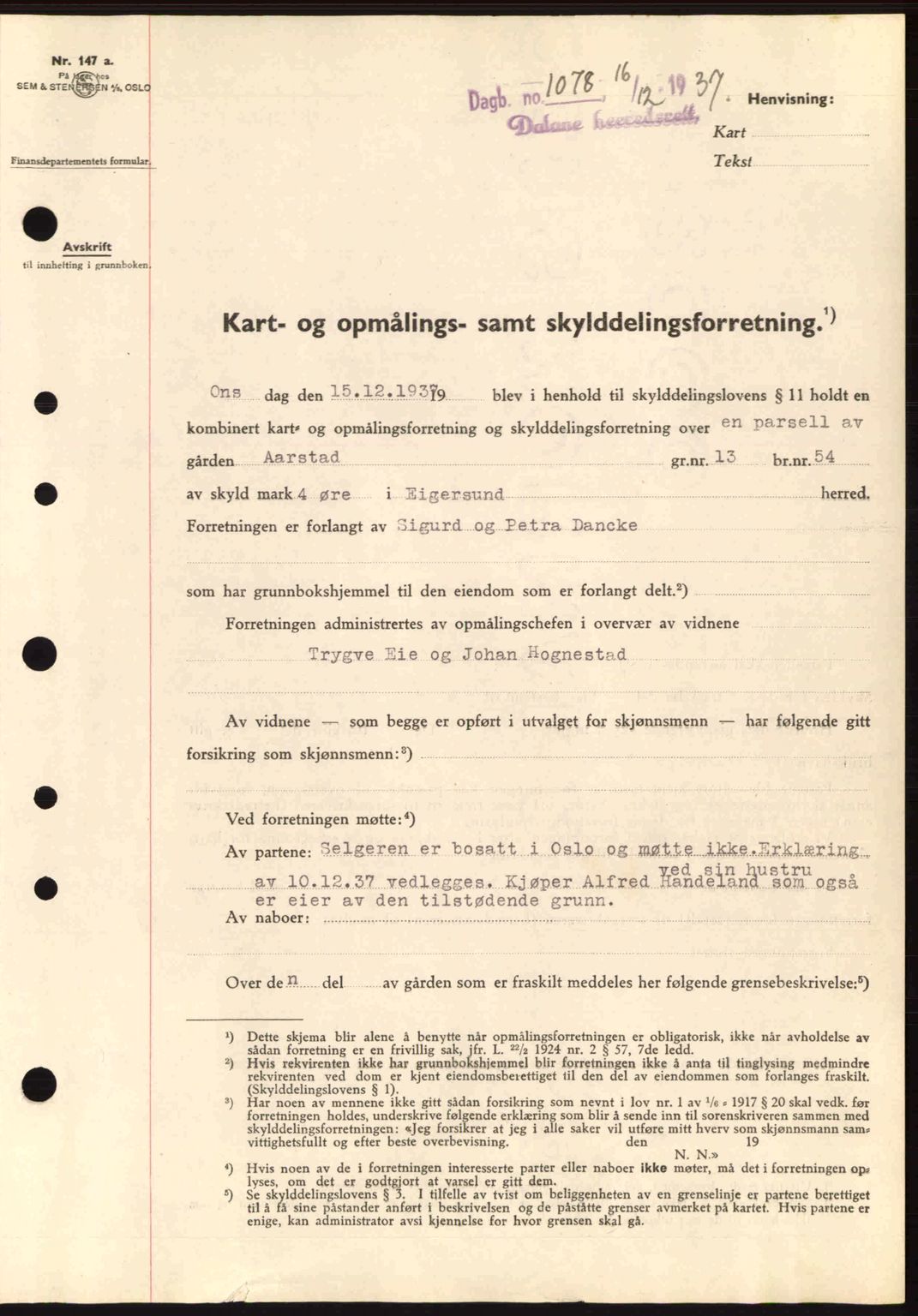 Dalane sorenskriveri, SAST/A-100309/02/G/Gb/L0041: Pantebok nr. A2, 1936-1937, Dagboknr: 1078/1937