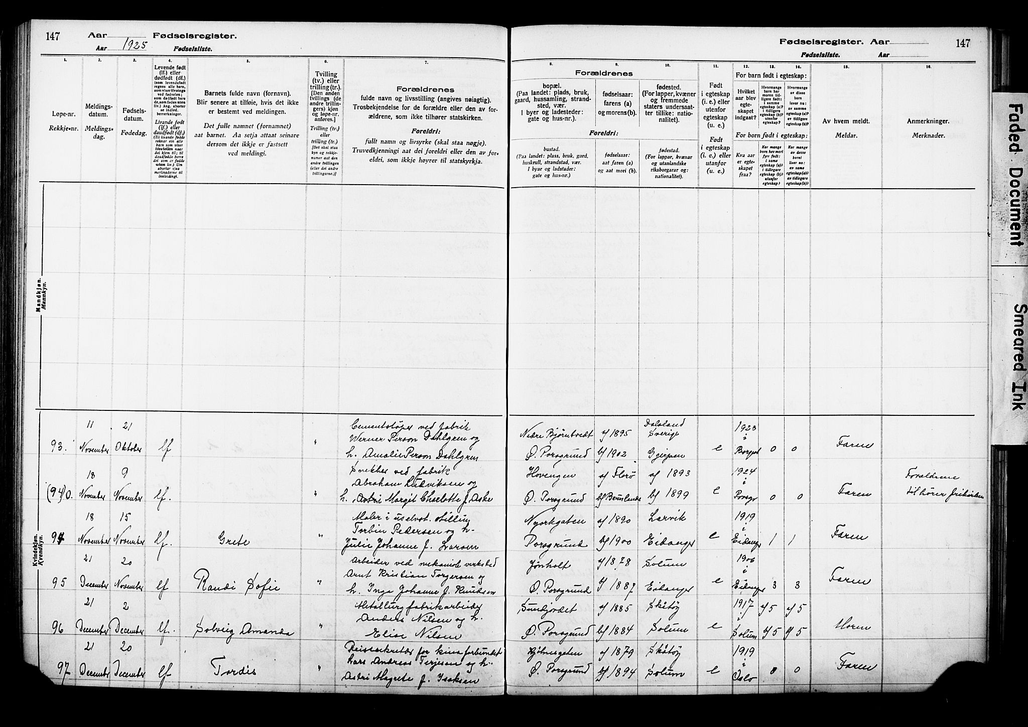 Porsgrunn kirkebøker , AV/SAKO-A-104/J/Ja/L0001: Fødselsregister nr. 1, 1916-1929, s. 147
