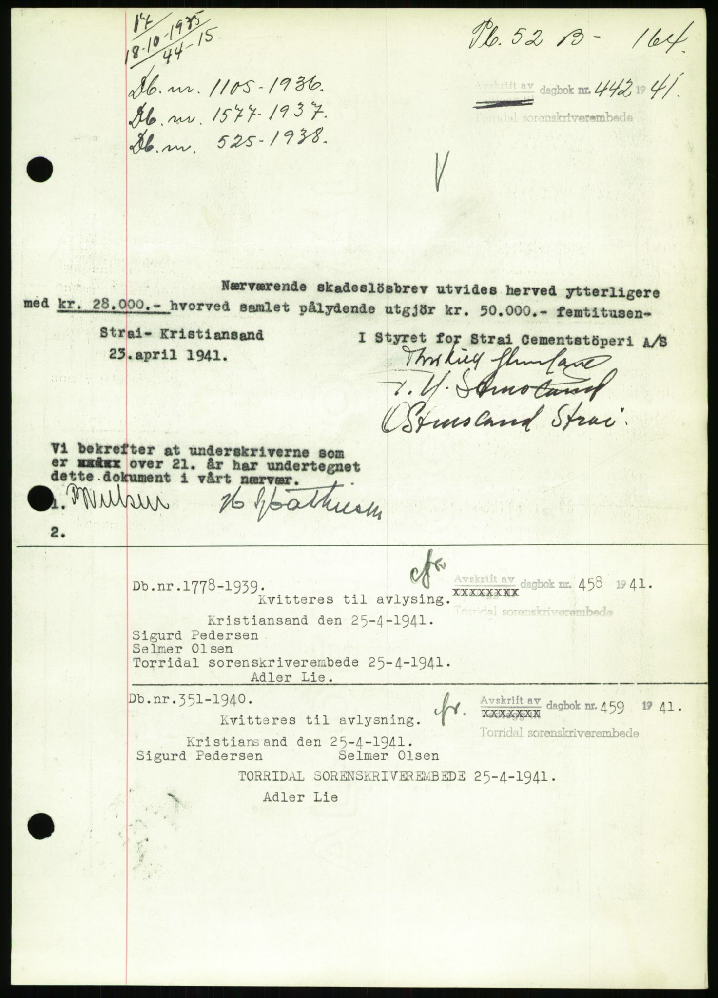 Torridal sorenskriveri, SAK/1221-0012/G/Gb/Gbb/L0008: Pantebok nr. 52b, 1940-1942, Dagboknr: 442/1941