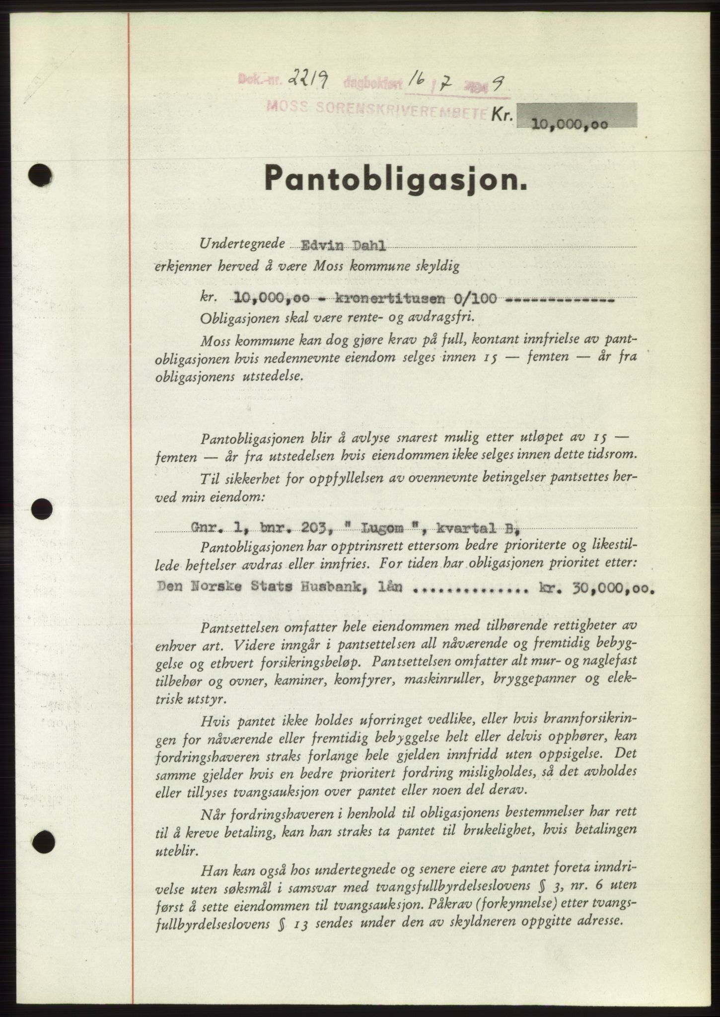 Moss sorenskriveri, SAO/A-10168: Pantebok nr. B22, 1949-1949, Dagboknr: 2219/1949