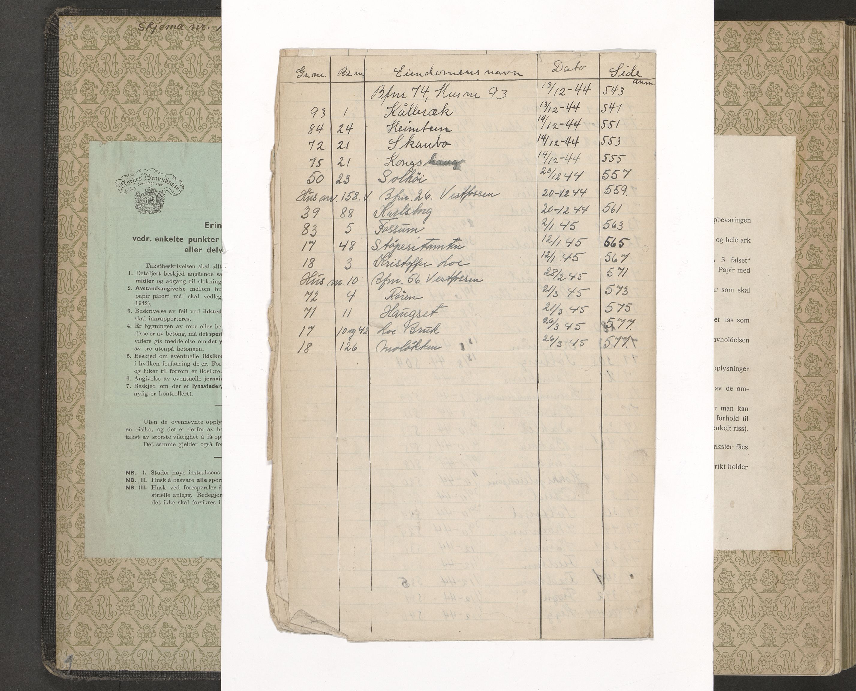 Haug og Bakke lensmannskontor, AV/SAKO-A-511/Y/Yb/Yba/L0014: Branntakstprotokoll, Haug, 1943-1945