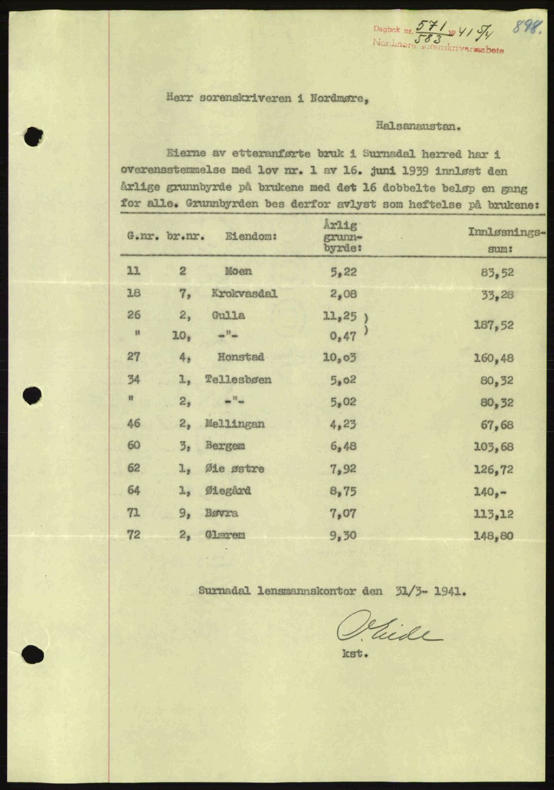 Nordmøre sorenskriveri, AV/SAT-A-4132/1/2/2Ca: Pantebok nr. B87, 1940-1941, Dagboknr: 571/1941