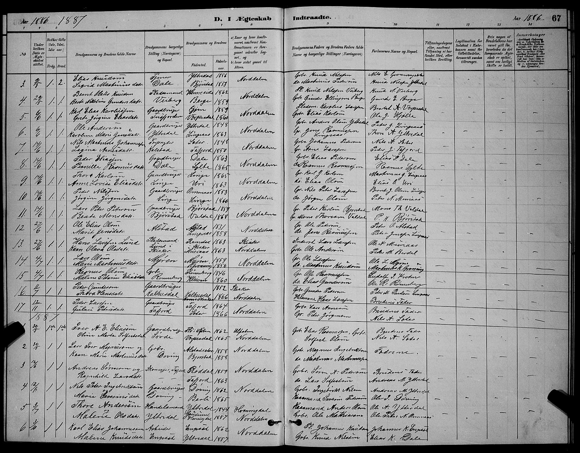 Ministerialprotokoller, klokkerbøker og fødselsregistre - Møre og Romsdal, AV/SAT-A-1454/519/L0263: Klokkerbok nr. 519C04, 1885-1892, s. 67