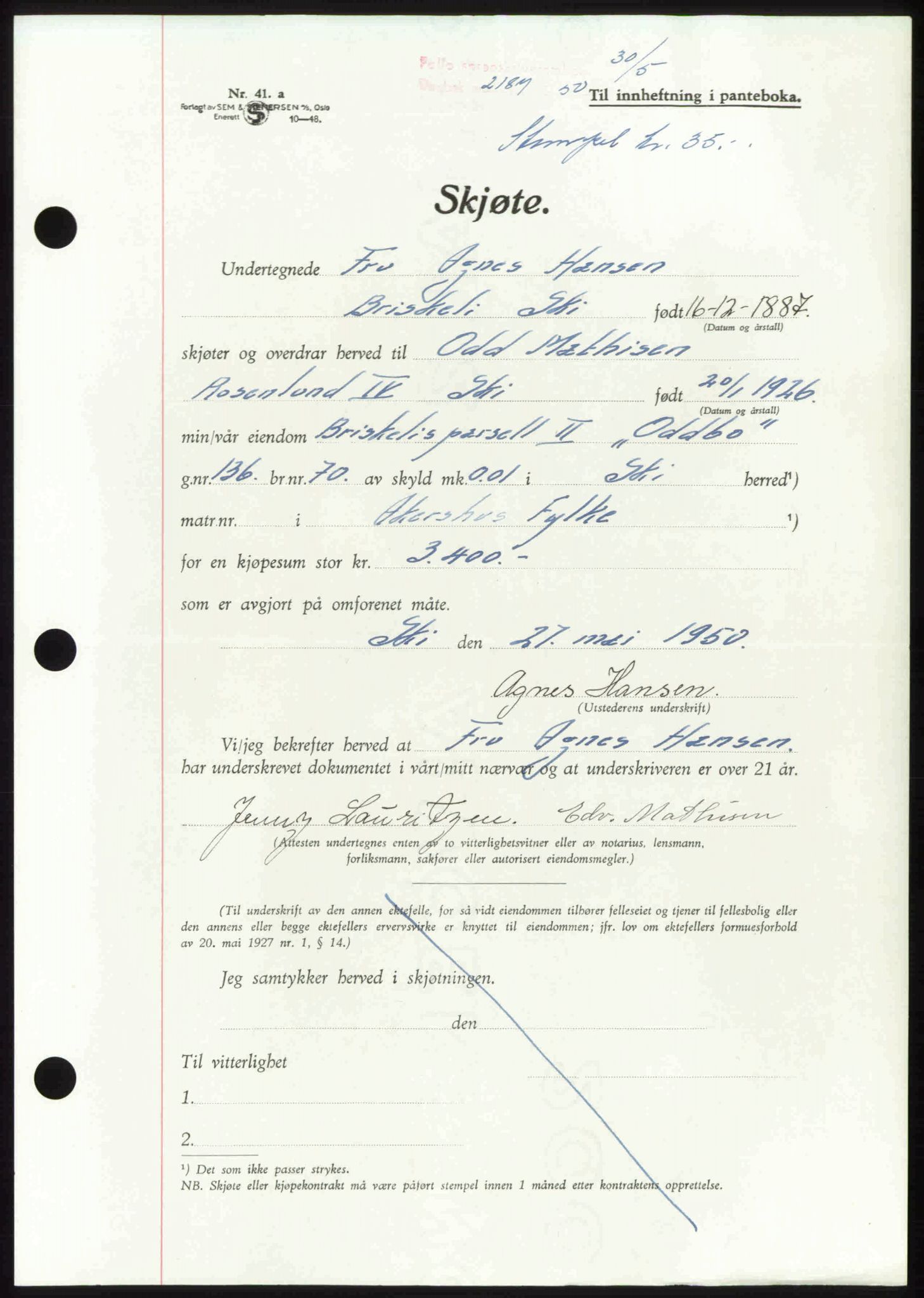 Follo sorenskriveri, SAO/A-10274/G/Ga/Gaa/L0092: Pantebok nr. I 92, 1950-1950, Dagboknr: 2187/1950