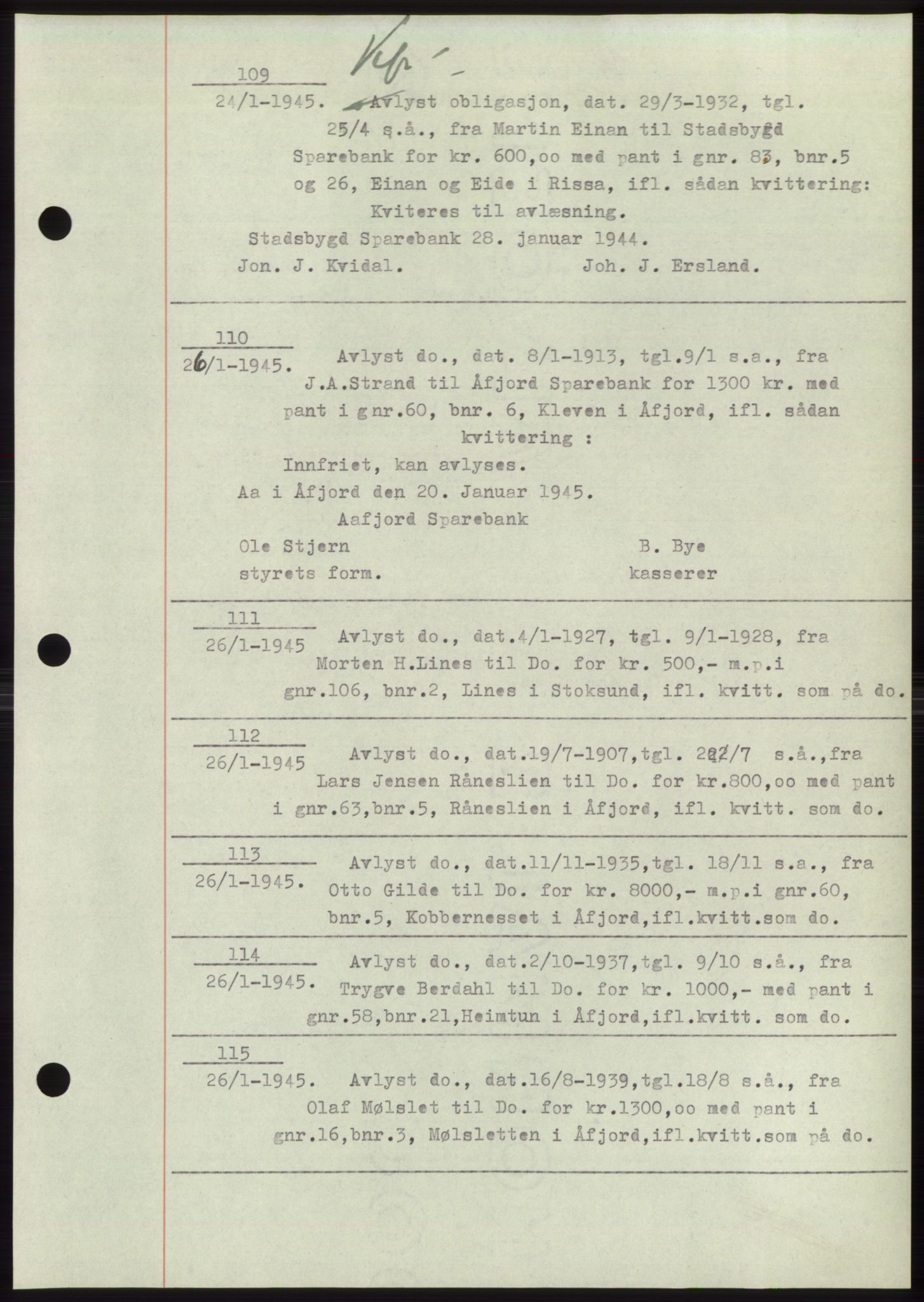 Fosen sorenskriveri, AV/SAT-A-1107/1/2/2C: Pantebok nr. B1, 1943-1946, Dagboknr: 109/1945