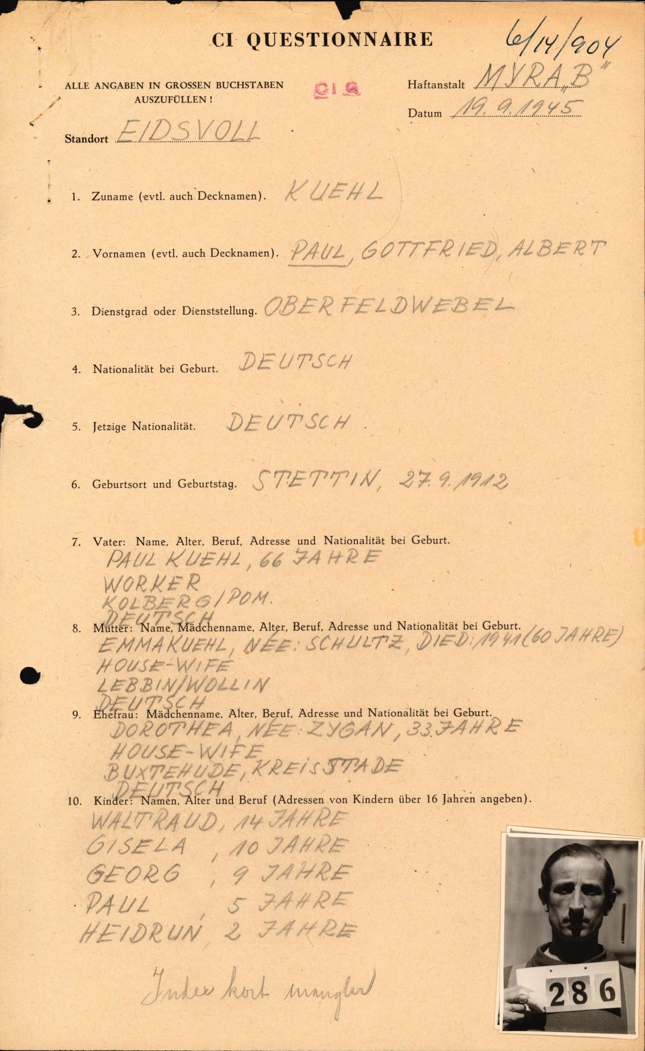 Forsvaret, Forsvarets overkommando II, AV/RA-RAFA-3915/D/Db/L0018: CI Questionaires. Tyske okkupasjonsstyrker i Norge. Tyskere., 1945-1946, s. 422