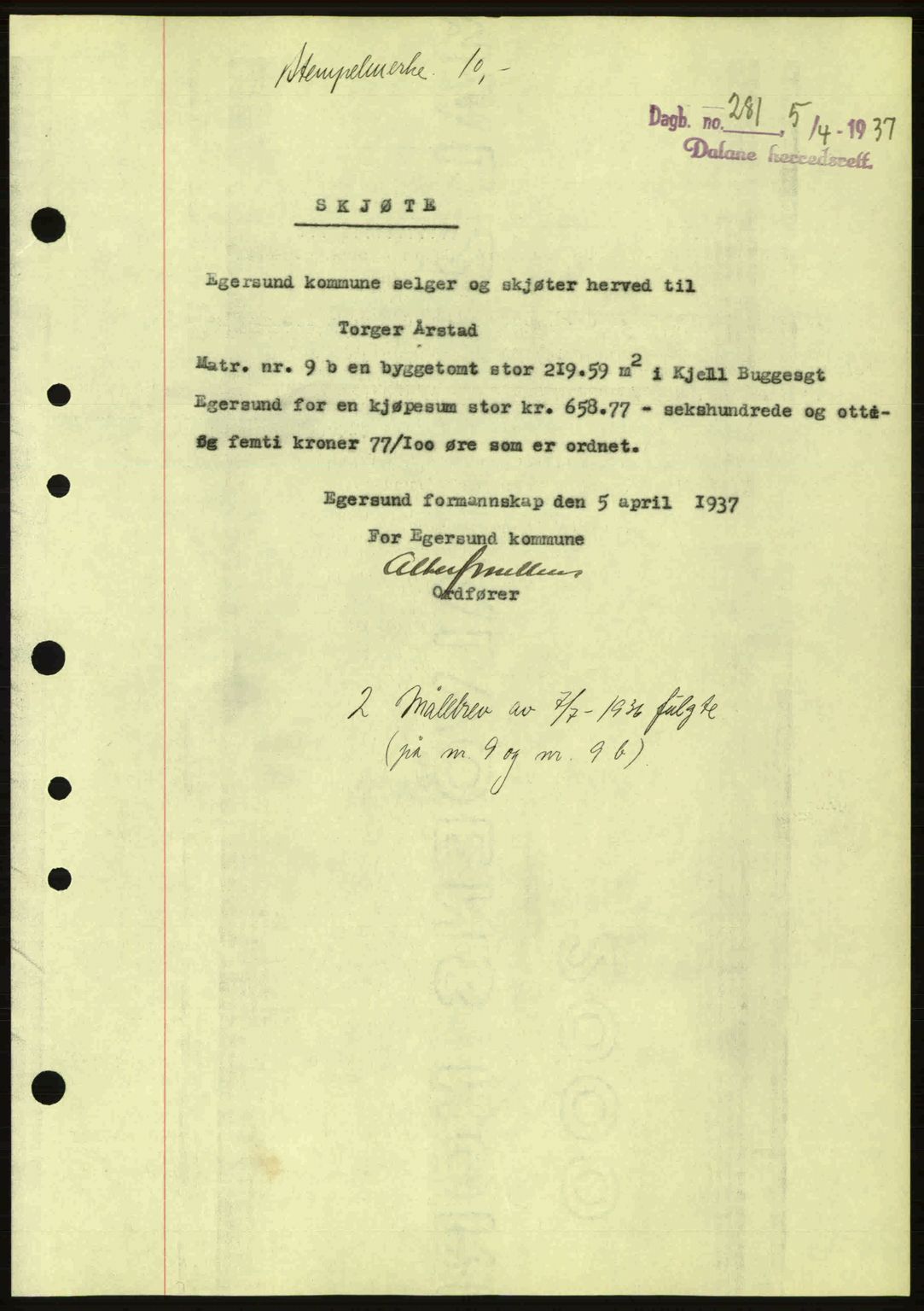 Dalane sorenskriveri, SAST/A-100309/02/G/Gb/L0041: Pantebok nr. A2, 1936-1937, Dagboknr: 281/1937