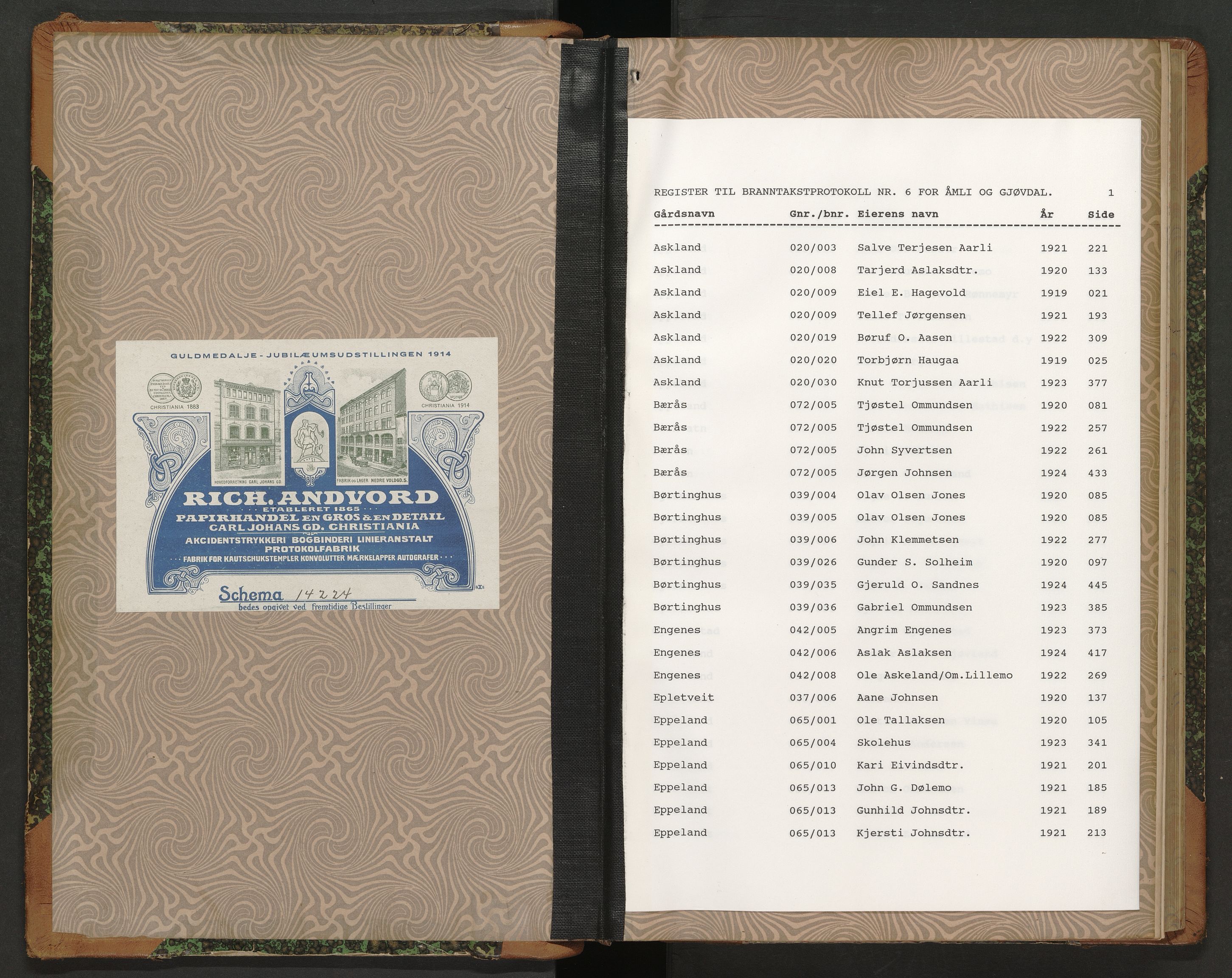Norges Brannkasse Åmli og Gjøvdal, AV/SAK-2241-0061/F/Fa/L0006: Branntakstprotokoll nr. 6 med gårdsnavnregister, 1918-1925